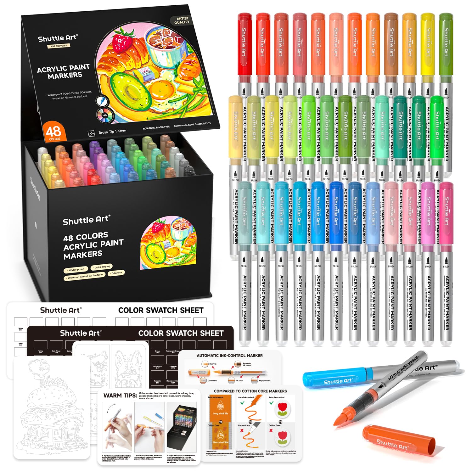 Shuttle ArtAutomatic Ink Control Acrylic Paint Markers, 48 Colors Brush Tip Acrylic Paint Pens for Rock Painting, Ceramic, Wood, Canvas, Glass, Stone, Fabric, Card Making, DIY & Art SuppliesGlobal Recycled StandardGlobal Recycled StandardGlobal Recycled Standard