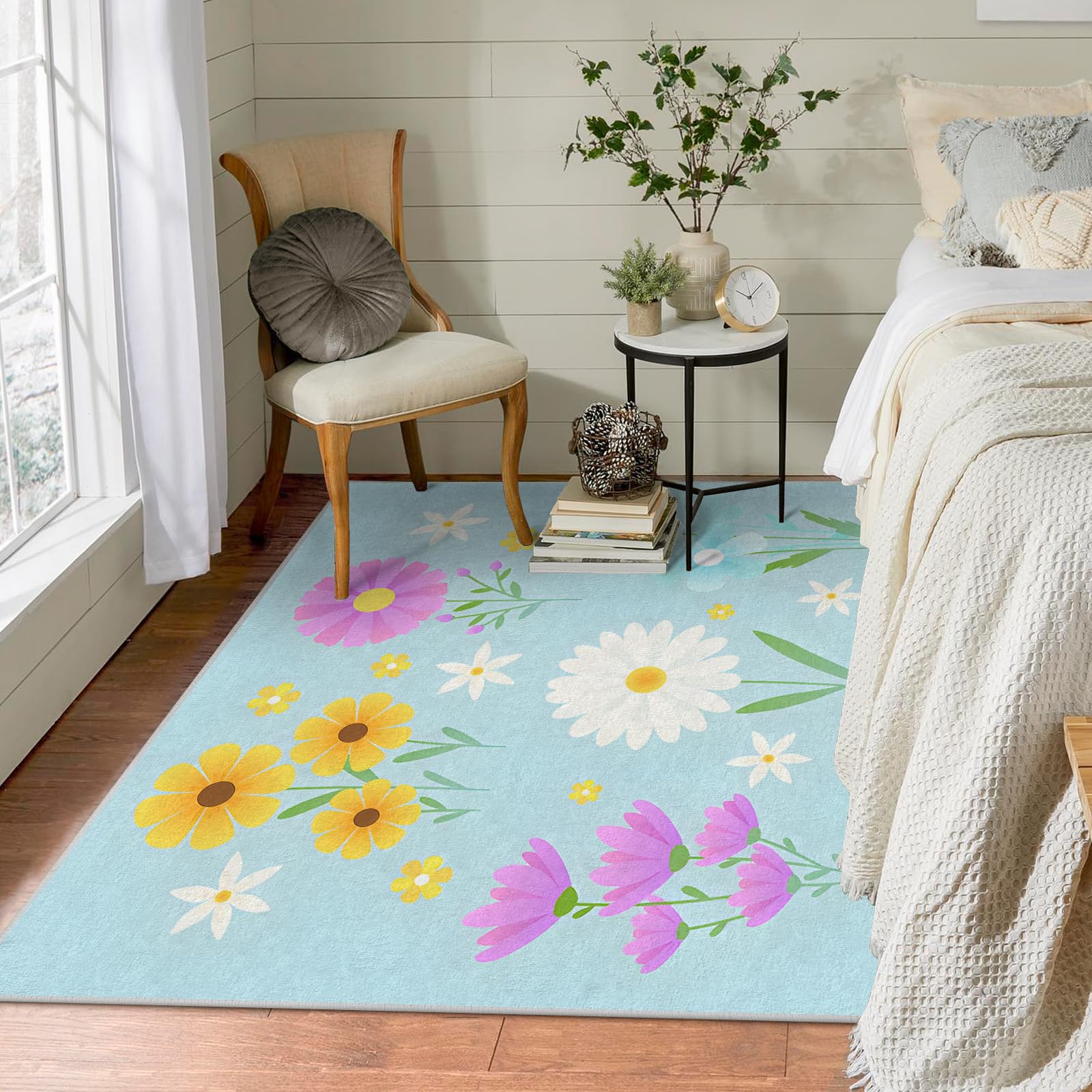 Großer waschbarer Kurzflor-Teppich 200x300 - Blumen Blau Teppiche - Natürliche Ästhetik Dünn Saugfähig Vielseitig Carpet für Wohnzimmer Schlafzimmer Oder Als Bettvorlege A&95