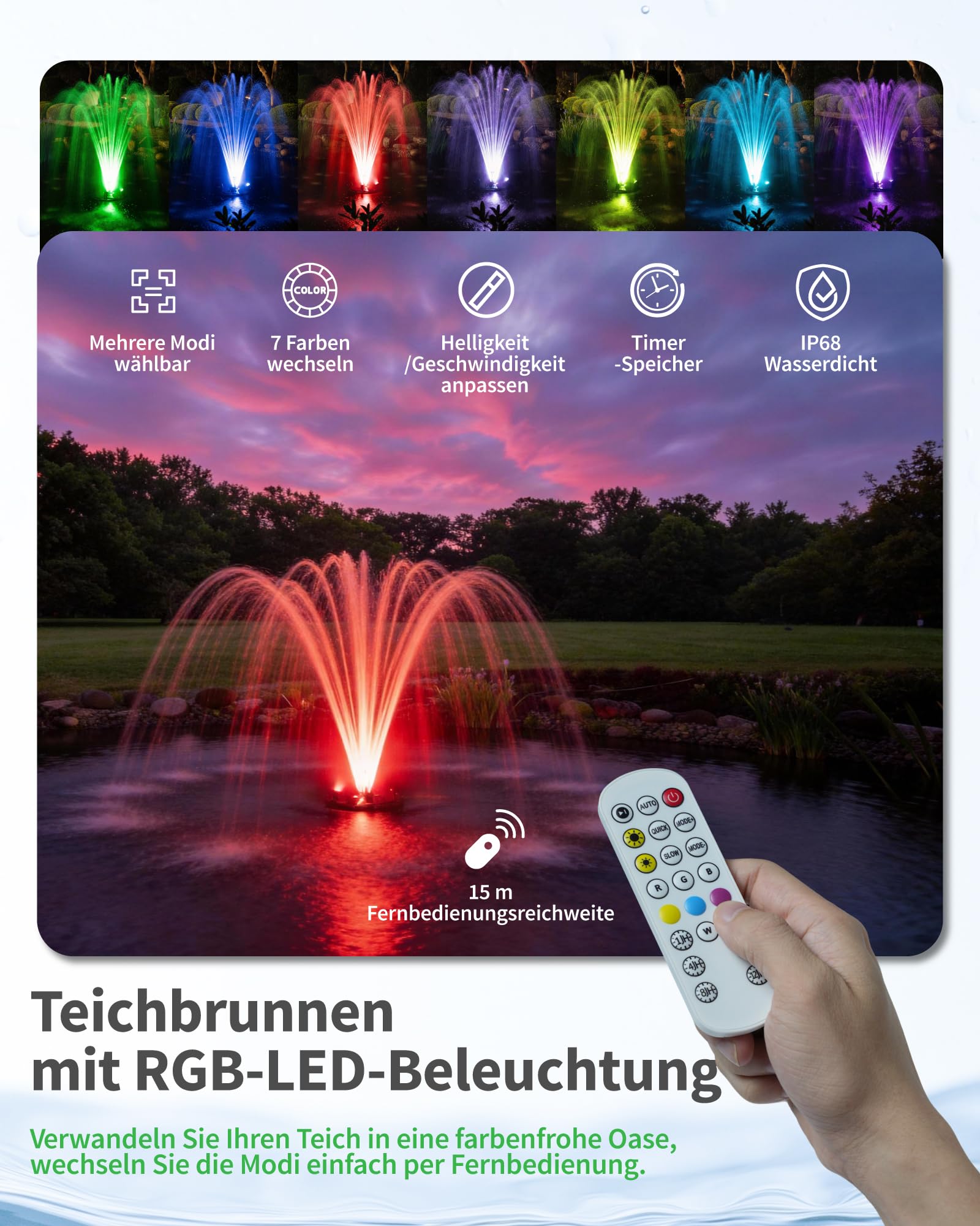 POPOSOAP Schwimmende Teichfontäne & Belüftung Komplett-Set mit LED-Leuchten, 6000 L/h Hochleistungs-Wasserpumpe, 9m Stromkabel, 3 Spritzmuster für Teiche, Pools, Seen & WasserGärten