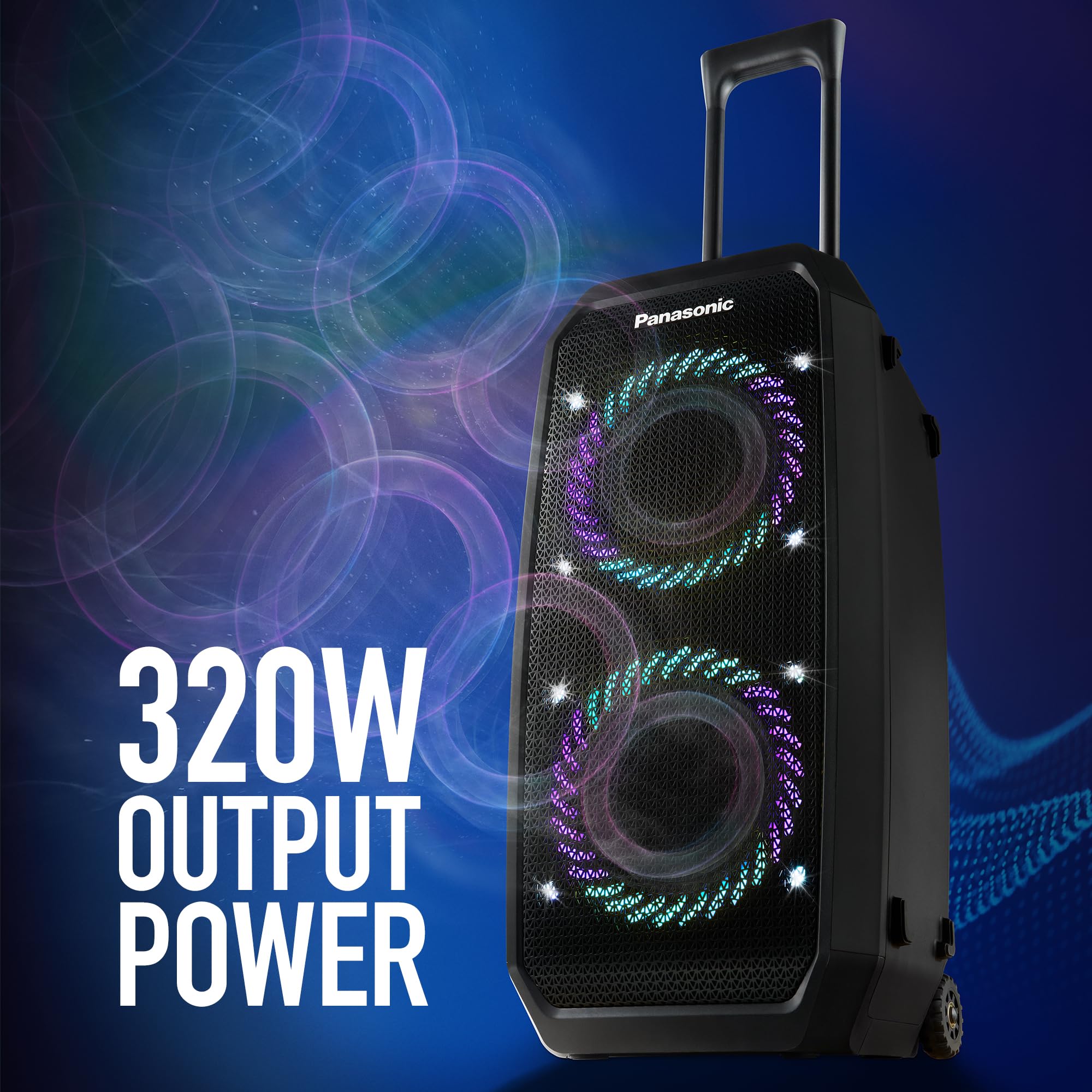 Panasonic SC-BMAX30 Enceinte Portable avec Bluetooth, Lumières Intégrées, Port Bass Reflex, 320 W, 14 Heures d’autonomie, USB, IPX4, Entrées Guitare et Micro pour Karaoké, Noir