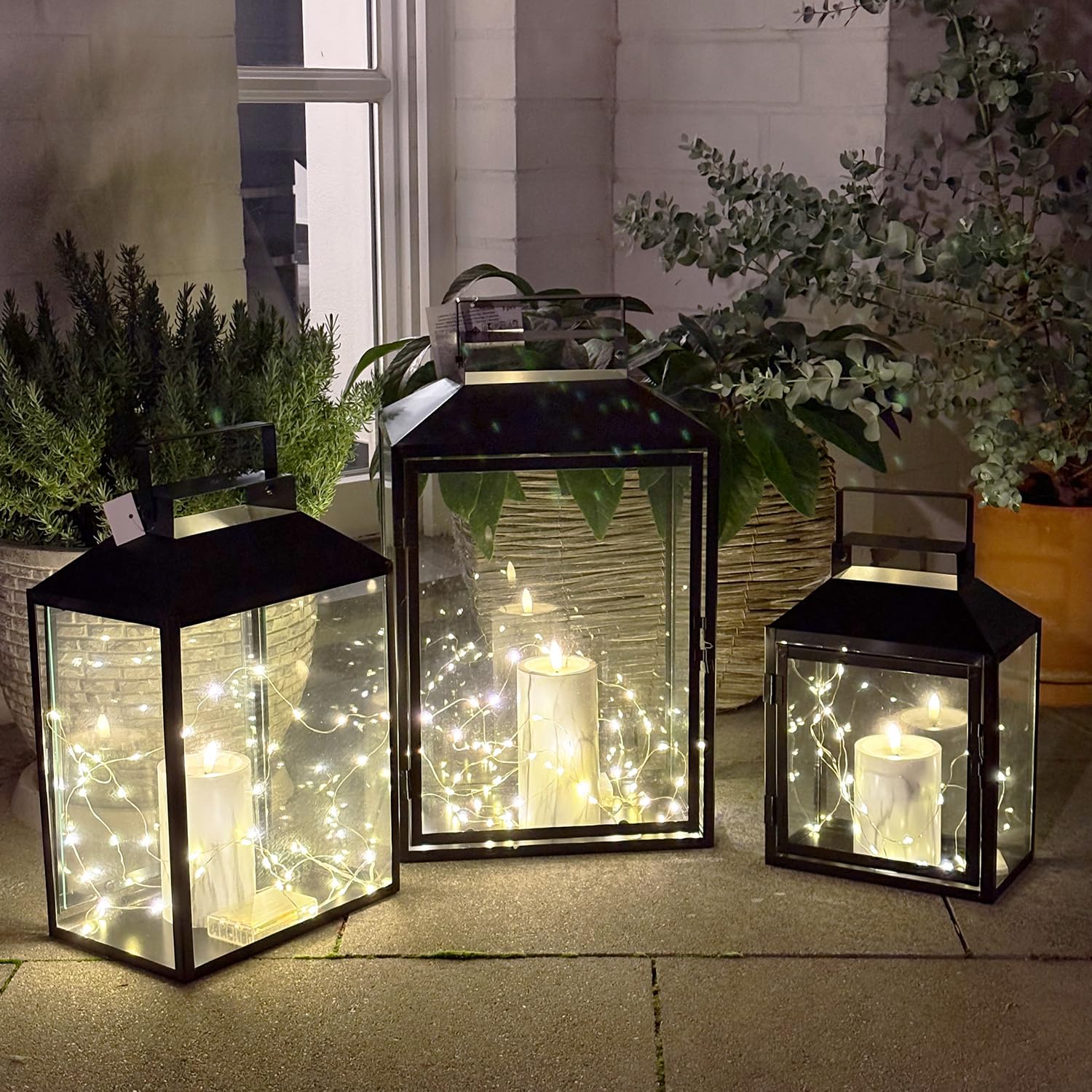 Mojawo 3er Set Gartenlaterne Windlicht Laterne Laternen Metalllaterne Set Dekoration Außen Metall Schwarz H28/35/44cm