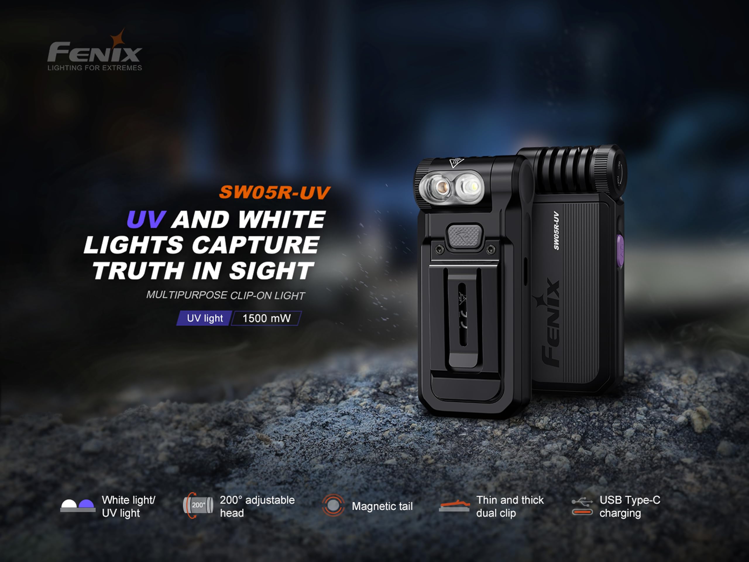 fenix SW05R-UV, corpo nero | LED bianchi e UV | Torcia ricaricabile per ispezione e sicurezza | 150 lumen | 39 m | 49 ore max | 3 livelli di luce bianca | Luce UV da 1500 mW | Testa rotante a 200