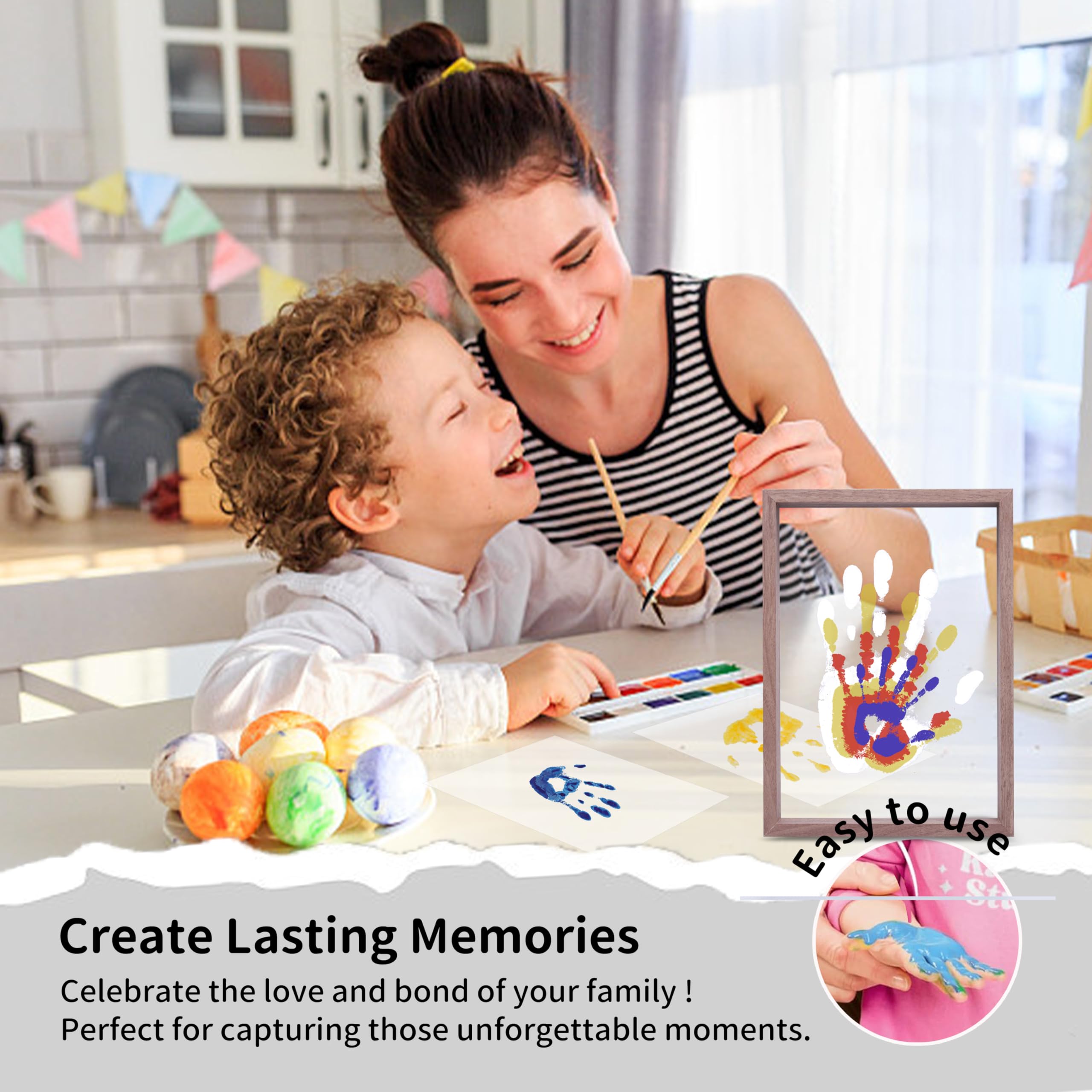 CHERRY CHEERS Family Handprint Kit, DIY Craft Keepsake Wooden Frame, Endless Gift Set, Non-Toxic Paints, Transparent Sheets (Brown)
