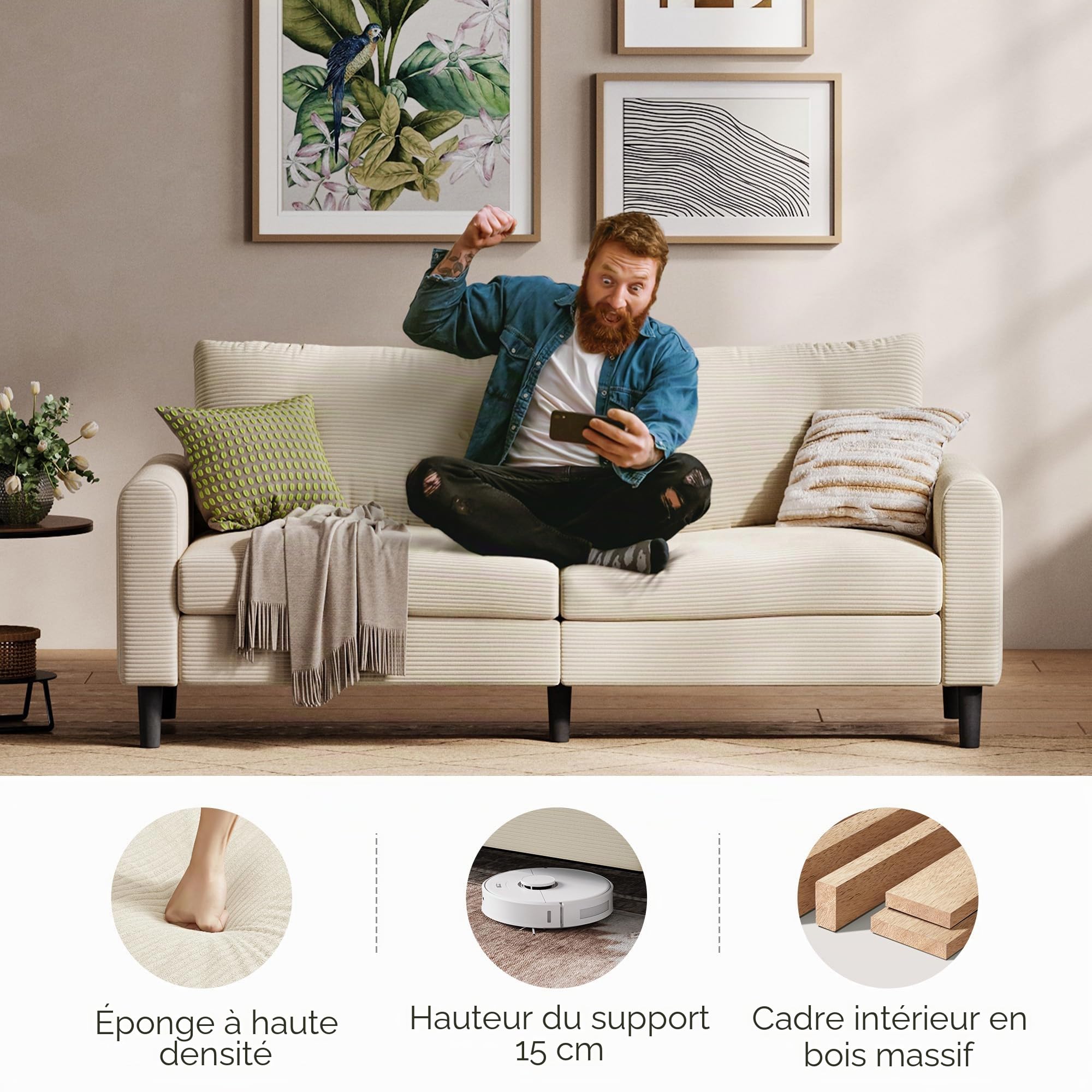 LINSY HOME Canapé 3 Places de 201 cm de Large avec Profondeur d'assise réglable - Petit canapé pour Salon, Chambre à Coucher, Appartement, Bureau - Beige