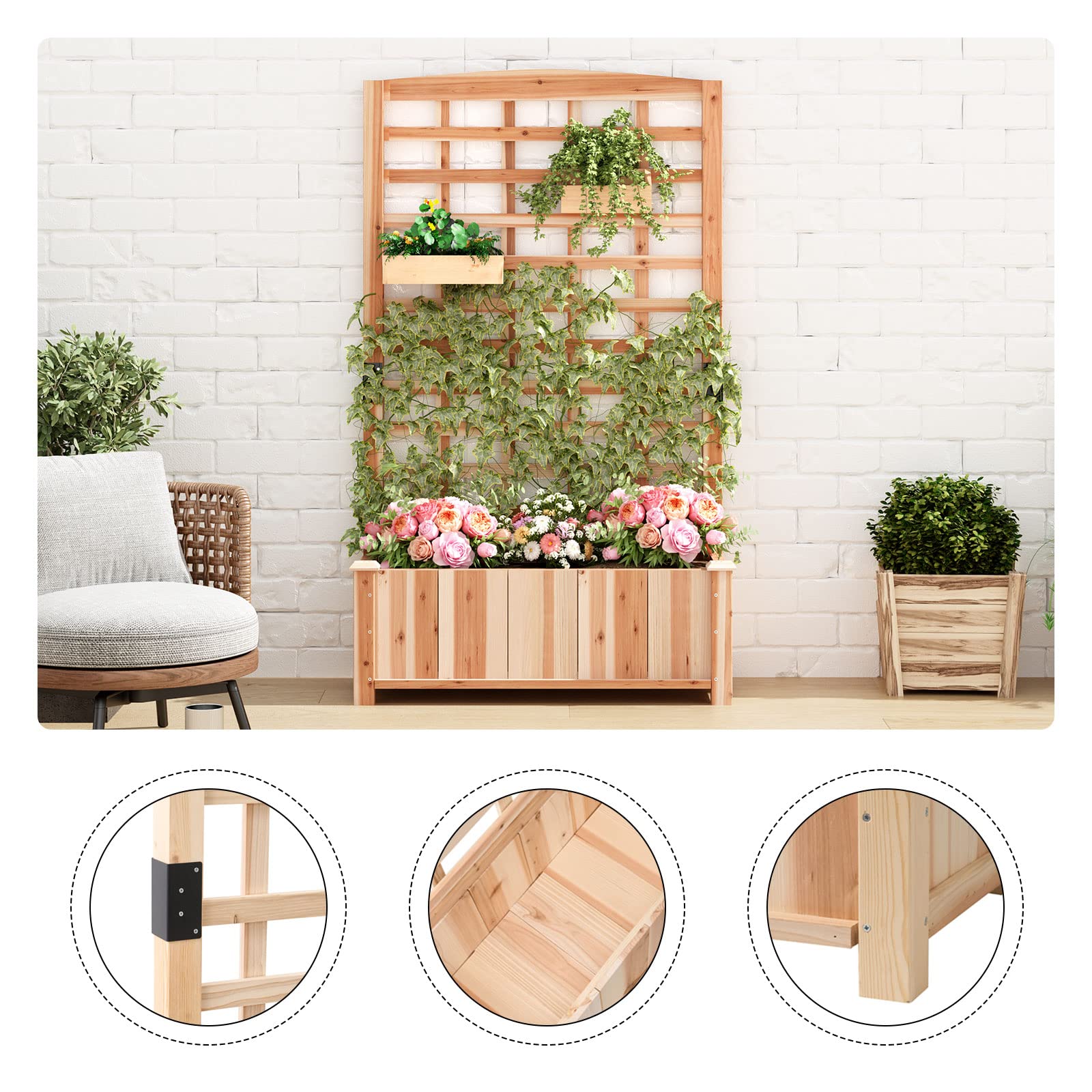 soges Blumenkasten mit Rankgitter, Pflanzkasten mit Spalier & Entwässerungslöchern, Natur Rankkasten Holz, Gartenspalier für Kletterpflanzen, Gartenbeet für Balkon Terrasse, 90×40×151 cm
