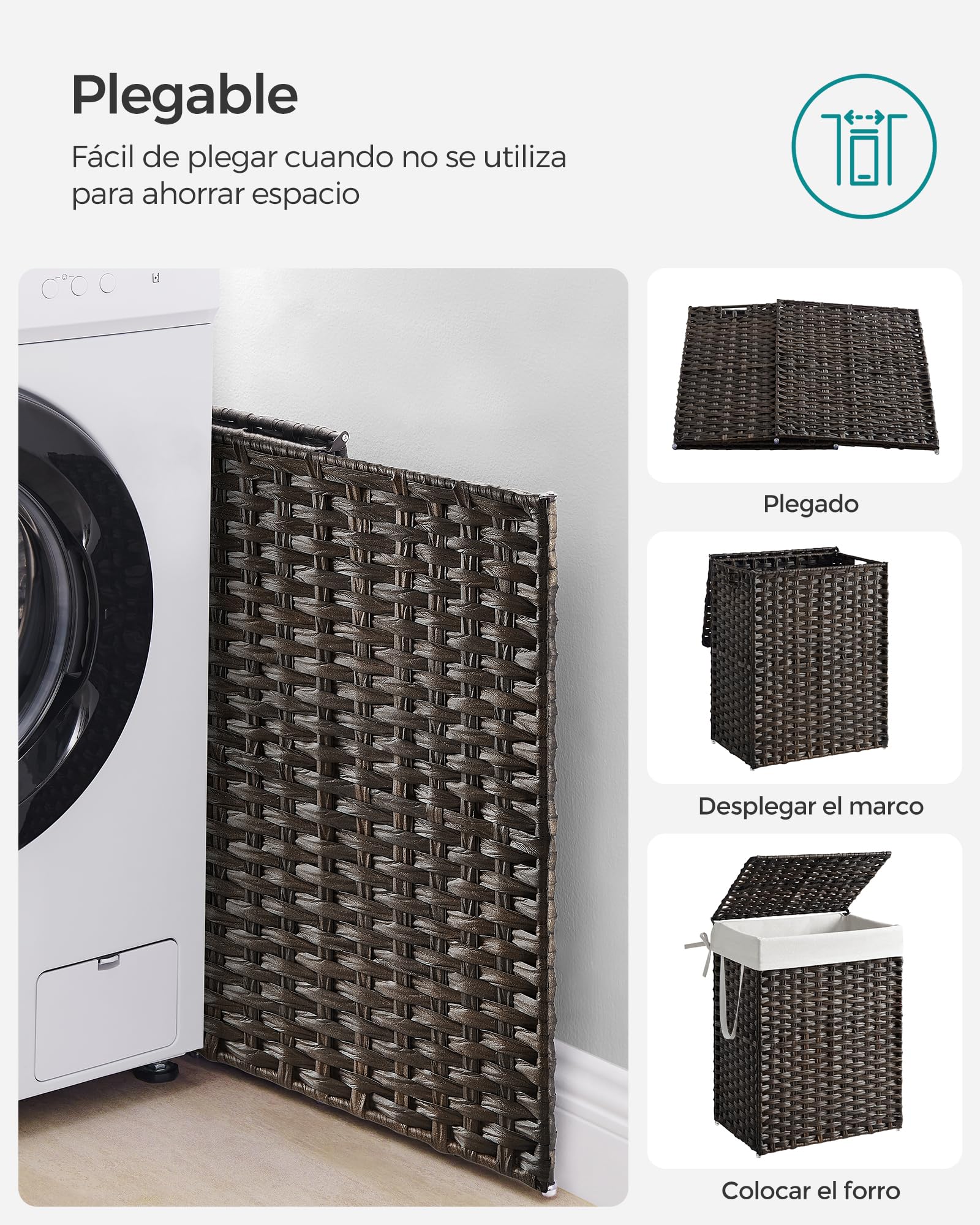 SONGMICS Cesta de Almacenamiento, Cesta de Lavandería de 90 L con Tapa, Plegable, Bolsas de Tela Extraíbles y Asas, para Mantas, Ropa, Salón, Dormitorio, Lavadería, Marrón LCB051K02