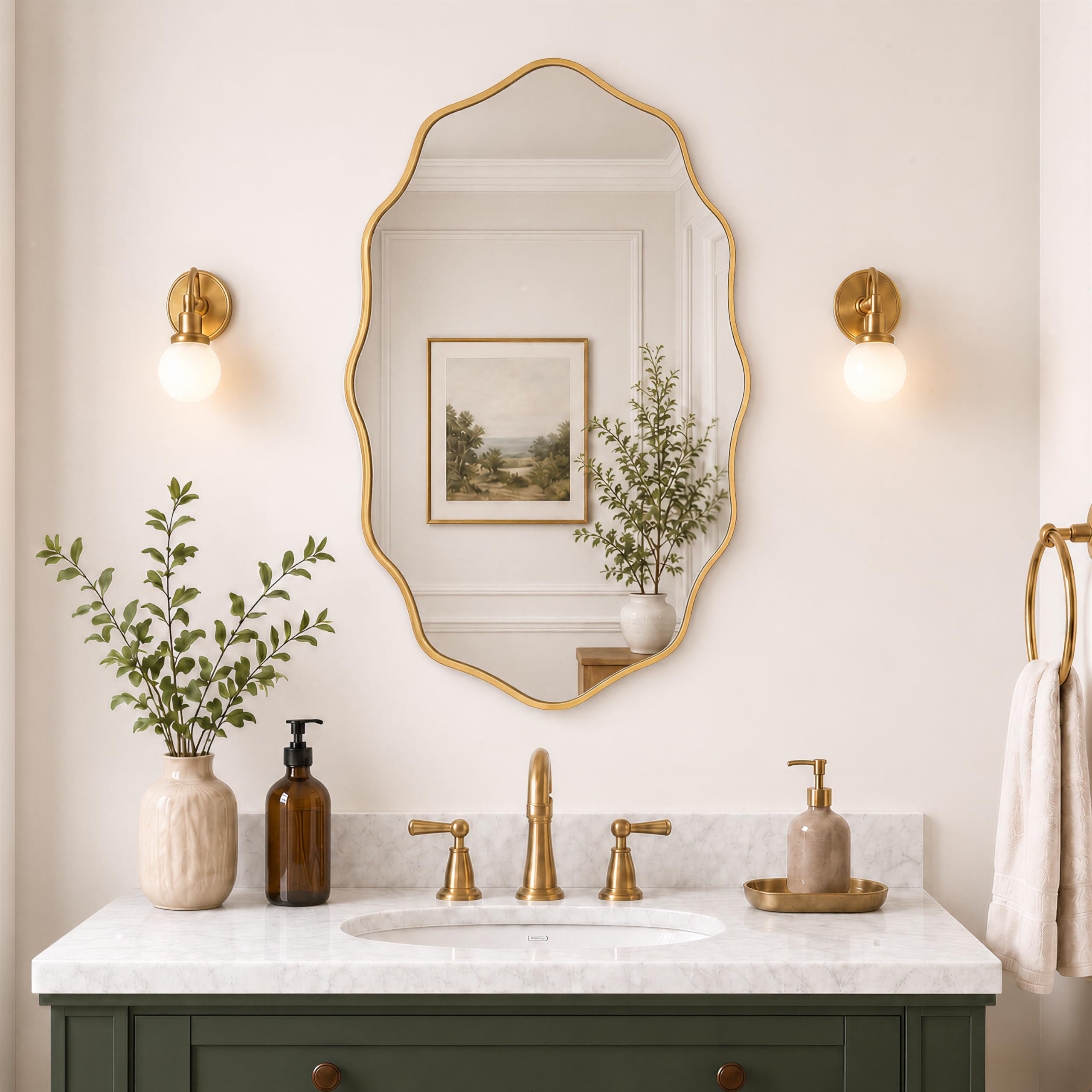 PERFNIQUE Specchio da parete dorato, 76 x 45 cm, con cornice in legno ondulato, per bagno, cameretta dei bambini, camera da letto, soggiorno, ingresso, decorativo moderno (oro, 76 x 45 cm)