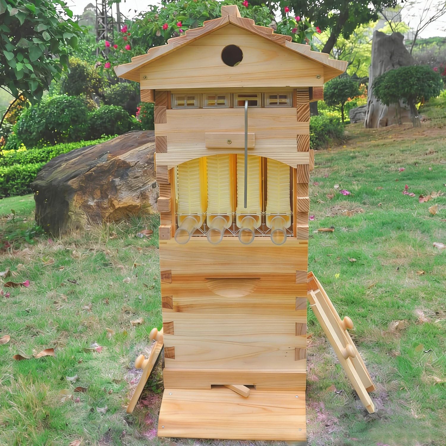CelyToe Beehive Complete Kit with Automatic Flow Frames, Wax-Dipped Bee Hive Boxes with Honey Spout & Observation Window, Suitable for Up to 5,000 Bees in Outdoor Gardens