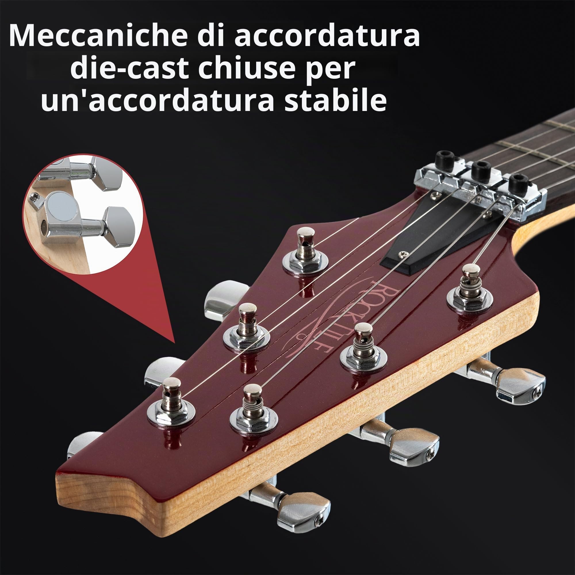 Rocktile Sidewinder E-Guitar, Modello: Sidewinder, Corpo: Tiglio, Scala: 25 | Manico: Acero avvitato, 2 Humbucker Pickup, 22 Tasti Medium Jumbo, 5" (648 mm), Tastiera: legno duro selezionato, Inlay: Dot