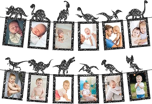 KatchOn, Cartel de fotos de cumpleaños de dinosaurio negro con purpurina, grande, 10 pies, preencordado, sin bricolaje, pancarta de dinosaurio