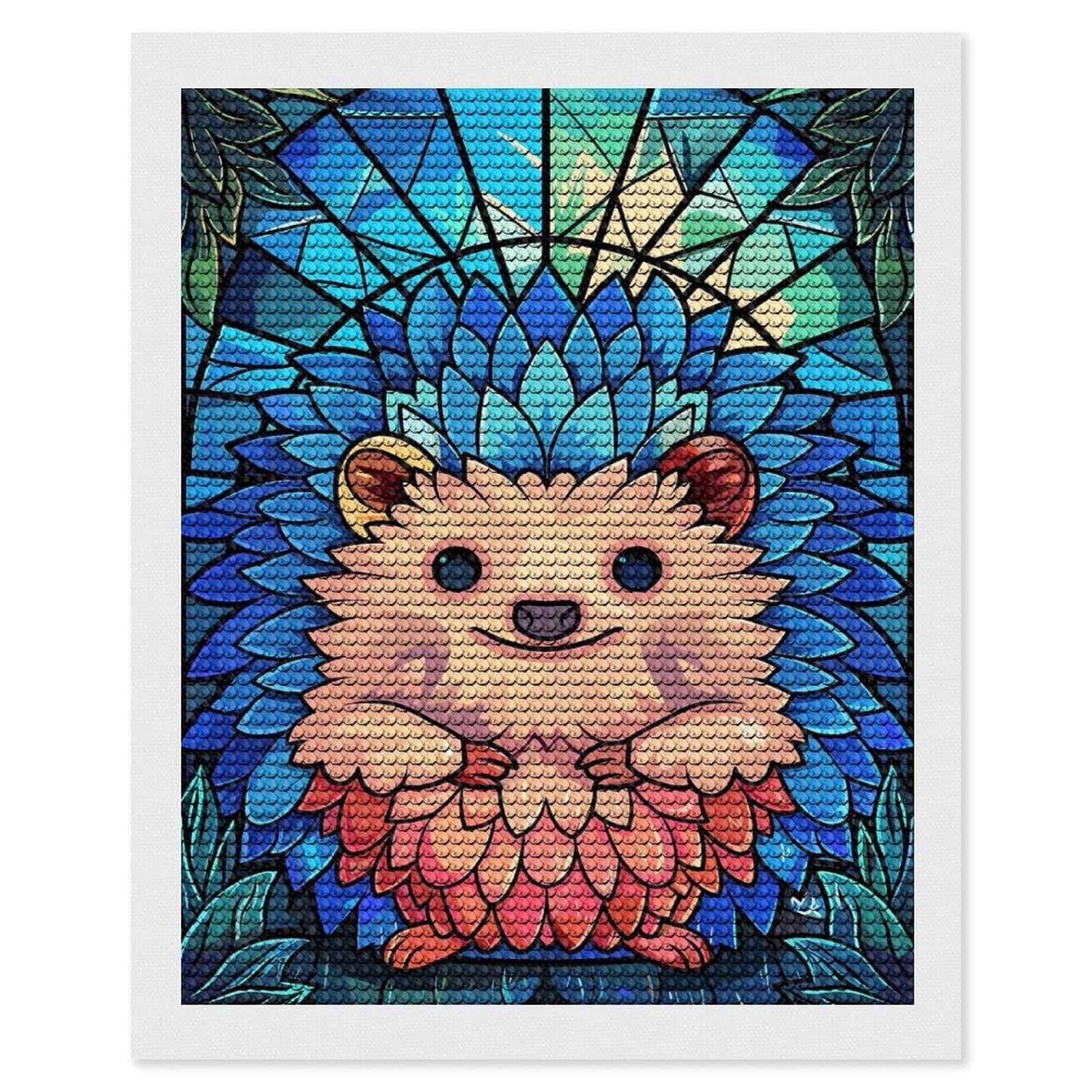 Junmoney Cute Hedgehog Stained Glass Art Diamond Painting Kit 16"x20", Thoughtful Handmade Gift, for Creative Relaxation, Printed Canvas, Cosy Home Accent