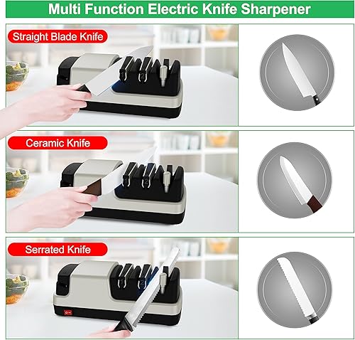 Miniatura 3 de Afilador de cuchillos eléctrico 4 en 1 para cuchillos de hoja recta, cuchillos dentados, cuchillos de cerámica y tijeras, color plateado