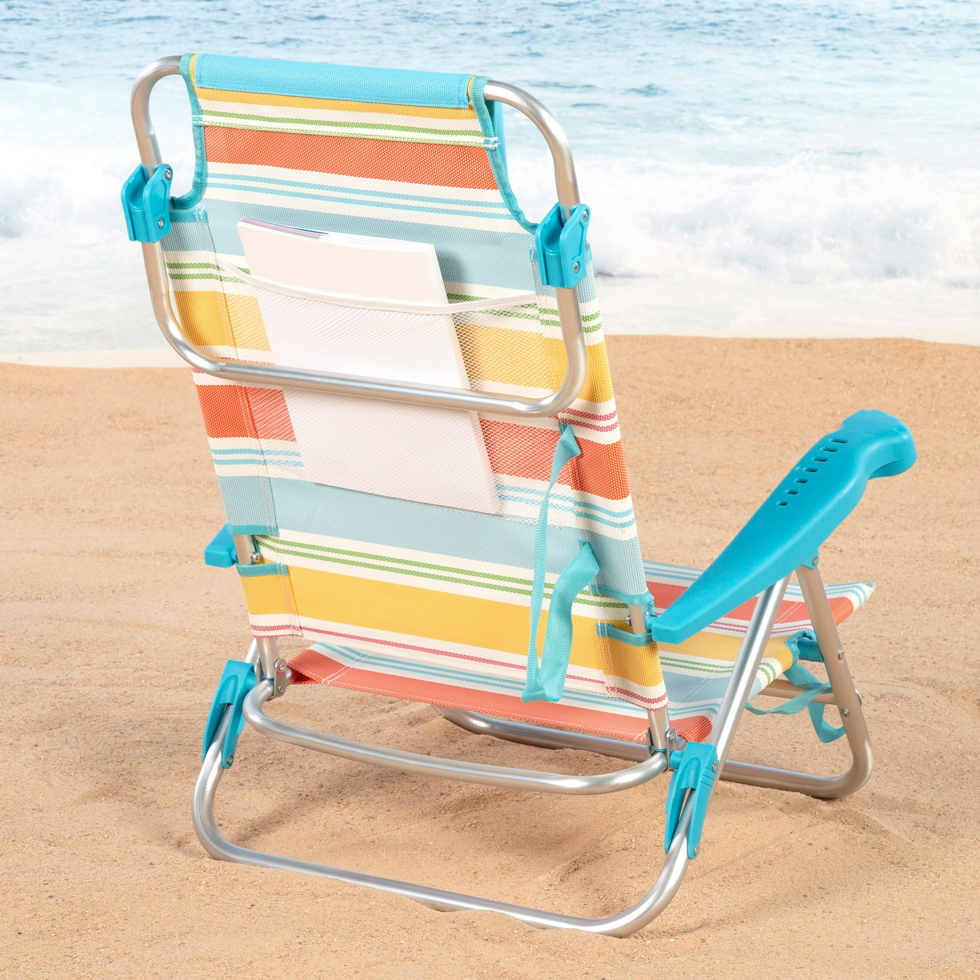 AKTIVE Chaise Pliante de Plage, 47 x 49 x 82 cm, inclinable en 8 Positions, en Aluminium et textilène à Rayures Multicolores, avec Coussin, Poche arrière et poignées à Main, modèle Santorini (62419)