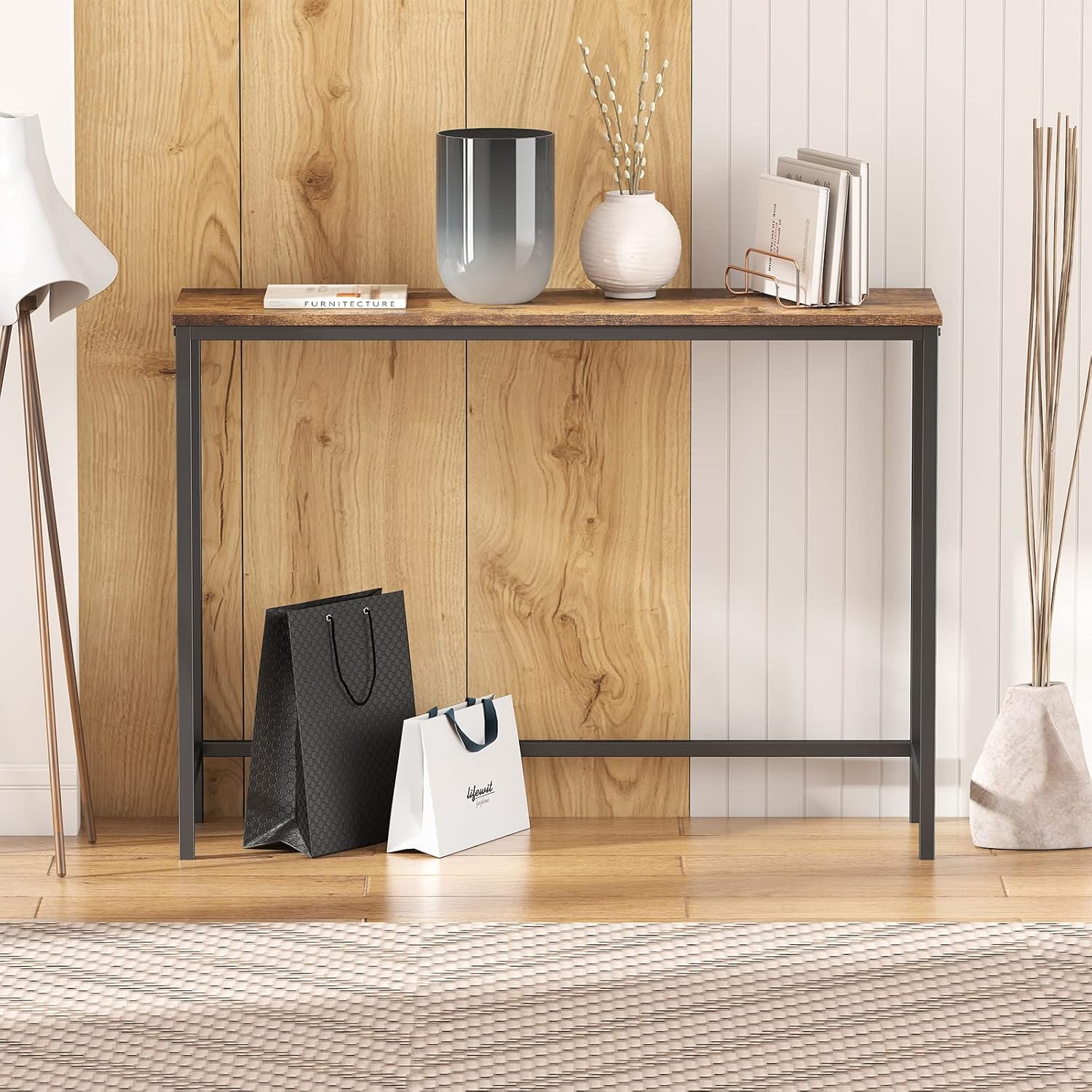 Industrial Brown Metal and Glass Console Table with Storage