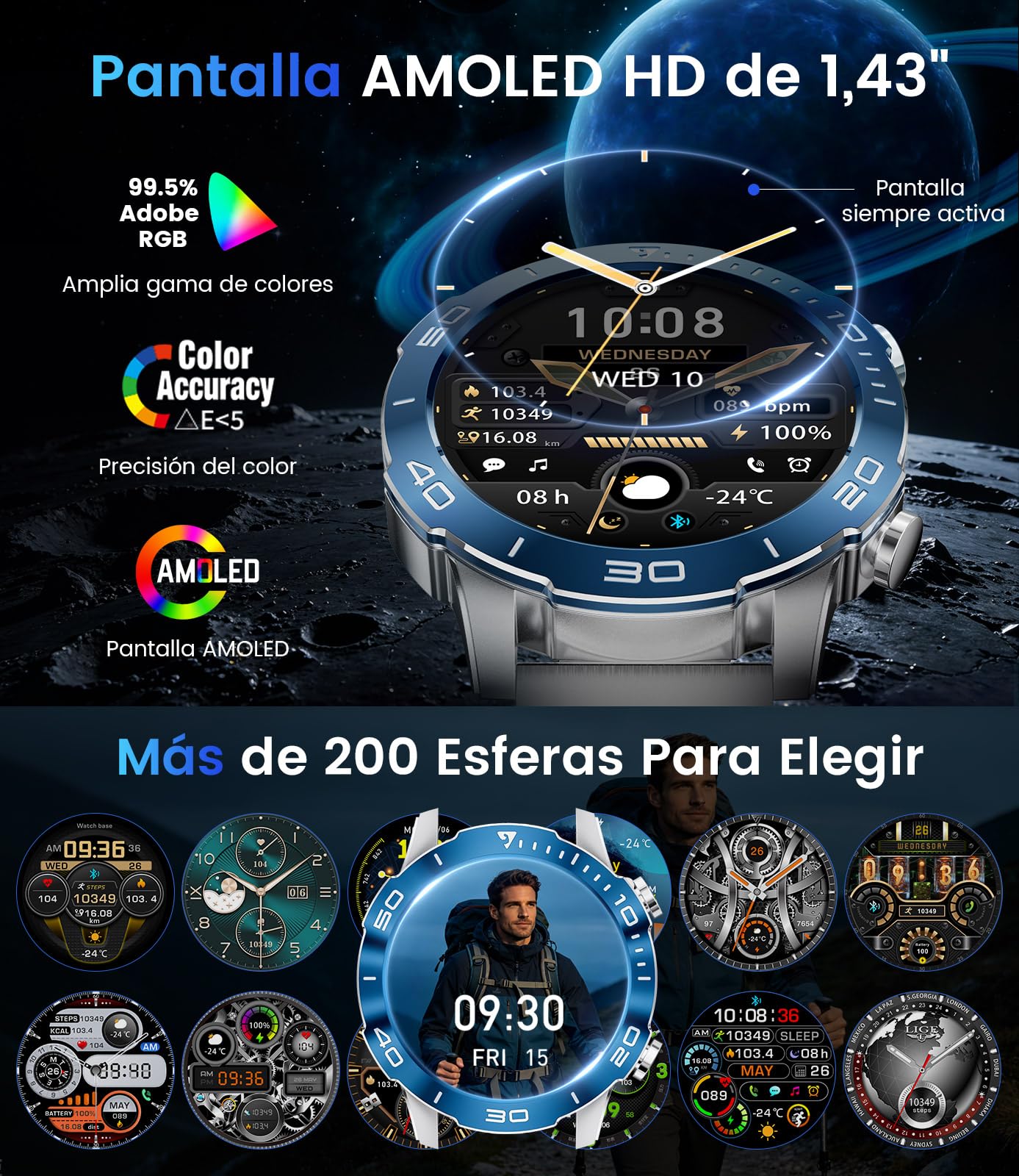 LIGE Reloj Inteligente Hombre, 1.43" HD 800mAh para Android/iOS, Plateado