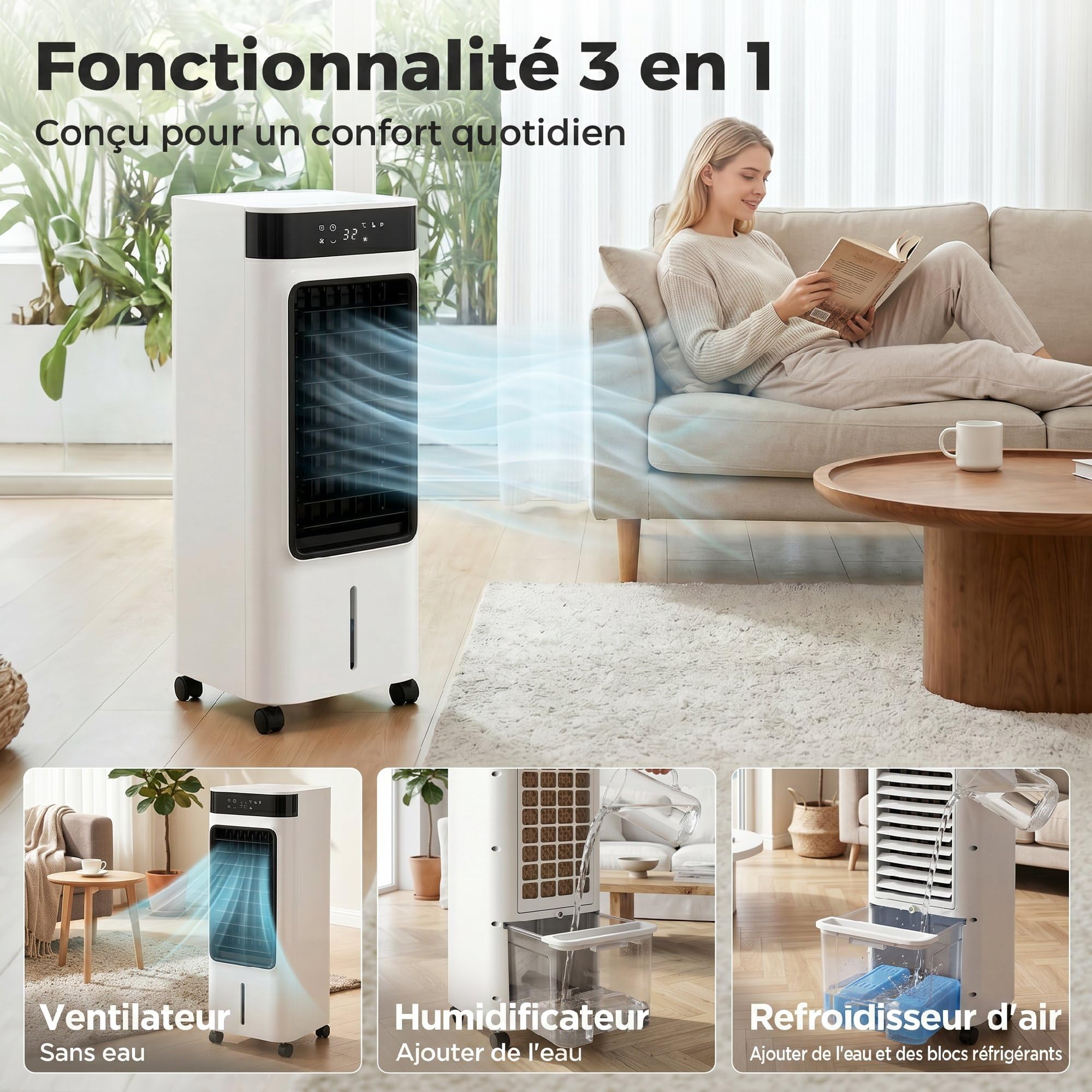 HOMCOM Refroidisseur d'air portable 3 en 1 refroidisseur humidificateur et ventilateur, oscillation 48°, 3 vitesses 3 modes, réservoir d'eau 7L, blocs de glace, télécommande, panneau tactile, blanc