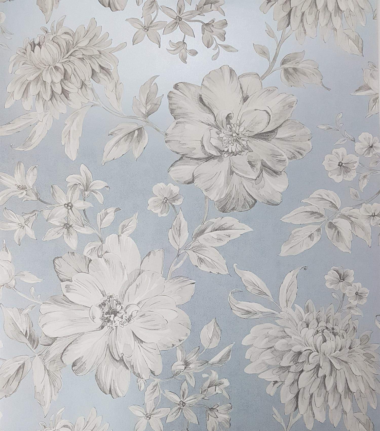 Blue Floral Wallpaper White Grey Flowers Pearlescent Metallic YöL Lucia