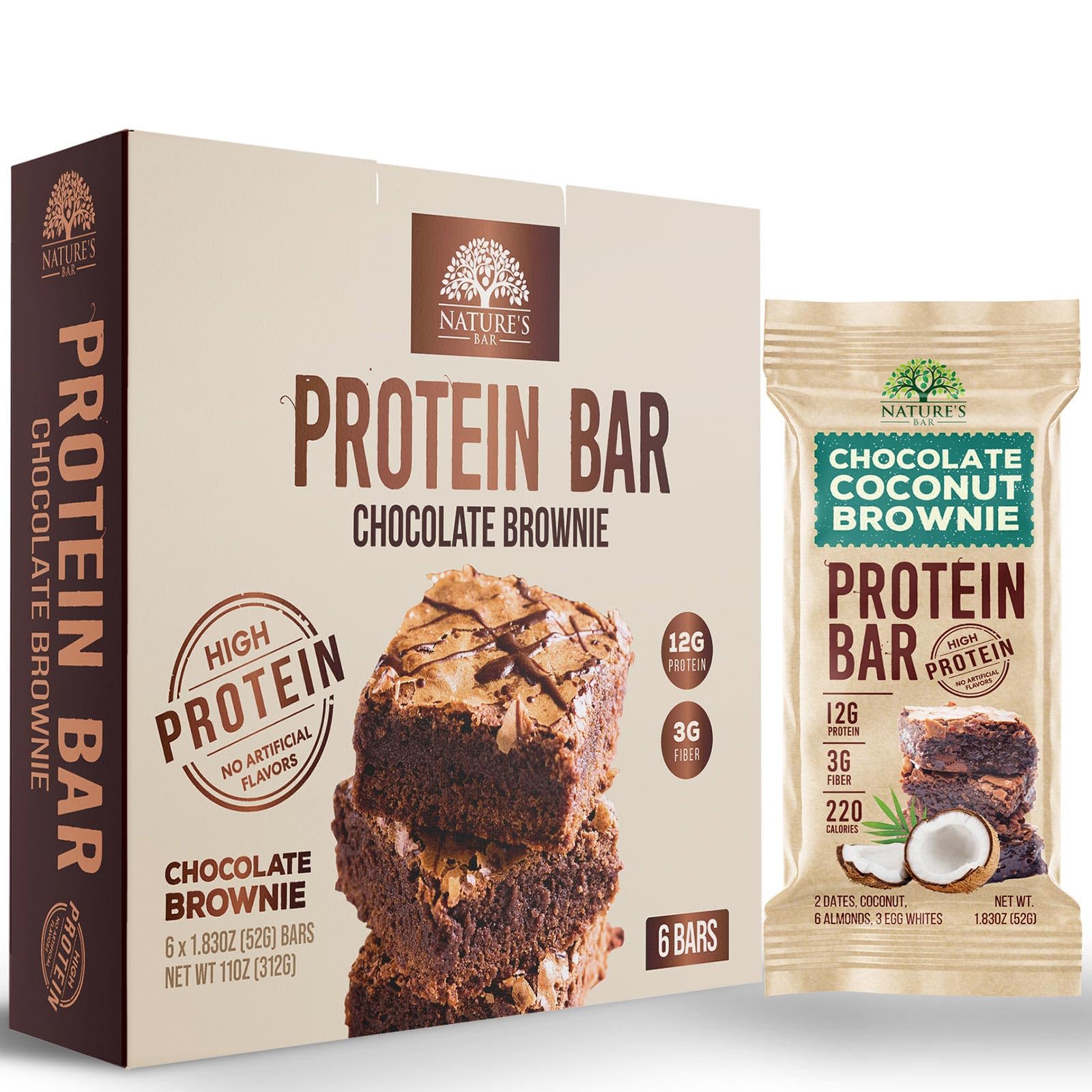 Chocolate Brownie Protein Bars, High Protein, Low Sugar, Low Carb, Meal Replacement Bar Supports Energy, Gluten Free, Pure, Nature's Protein Recover Bars, 1.83 oz, 6 Count (Pack of 1)
