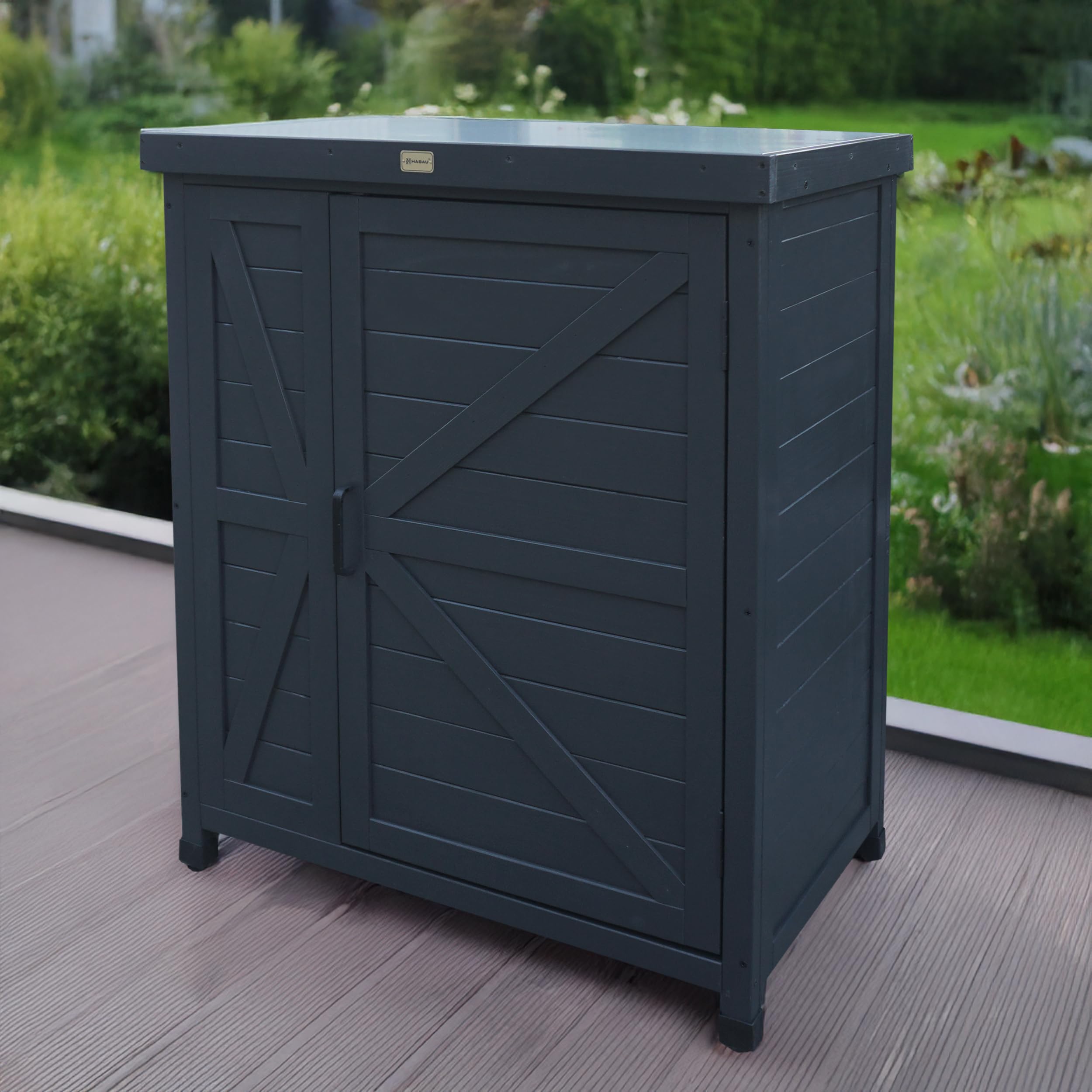 HABAU Gartenschrank Logan 80x45x91 cm Arbeitsplatte FSC-Massivholz Anthrazit wetterfest Outdoor