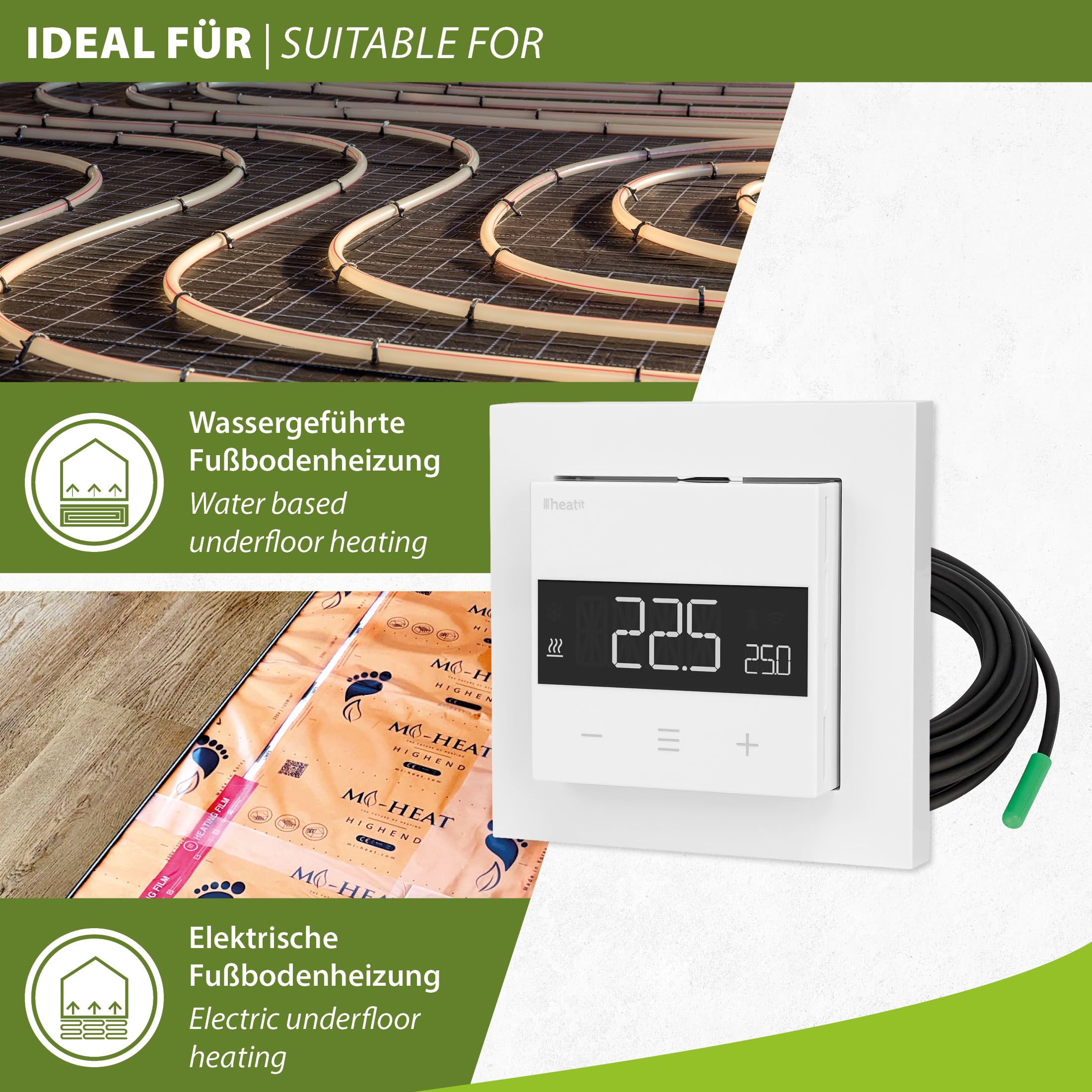 Heatit Z-TRM6 Z-Wave Plus Thermostat Régulateur de pièce avec EXT Capteur de chauffage au sol, électrique et conduite d'eau, chauffage infrarouge, couleur : blanc RAL 9003