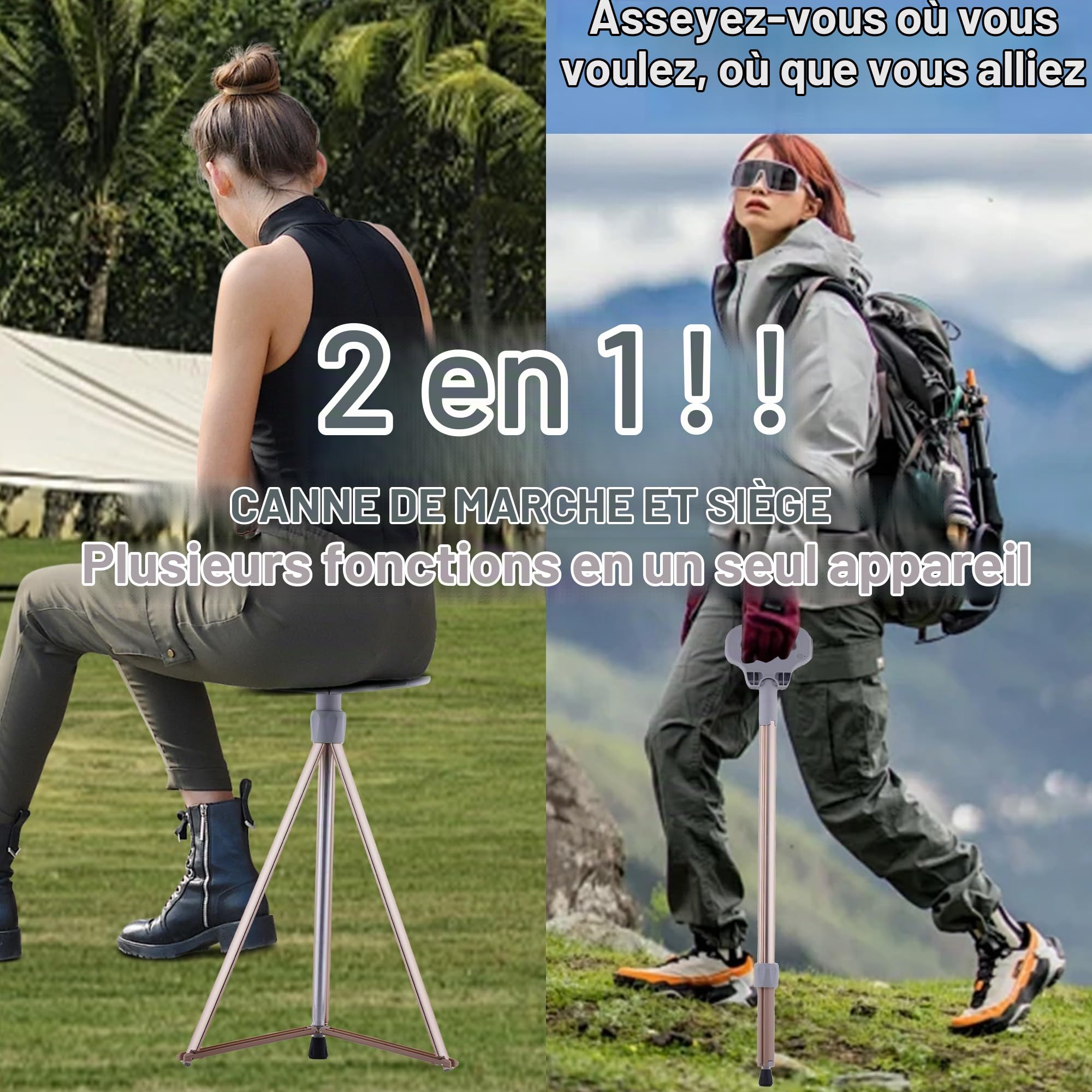 Chaise de Canne Portable Pliable, Canne de Marche légère avec siège, Canne de siège trépied Robuste pour Hommes et Femmes avec Sac de Voyage, Canne de Marche avec siège pour Personnes âgées, Adultes