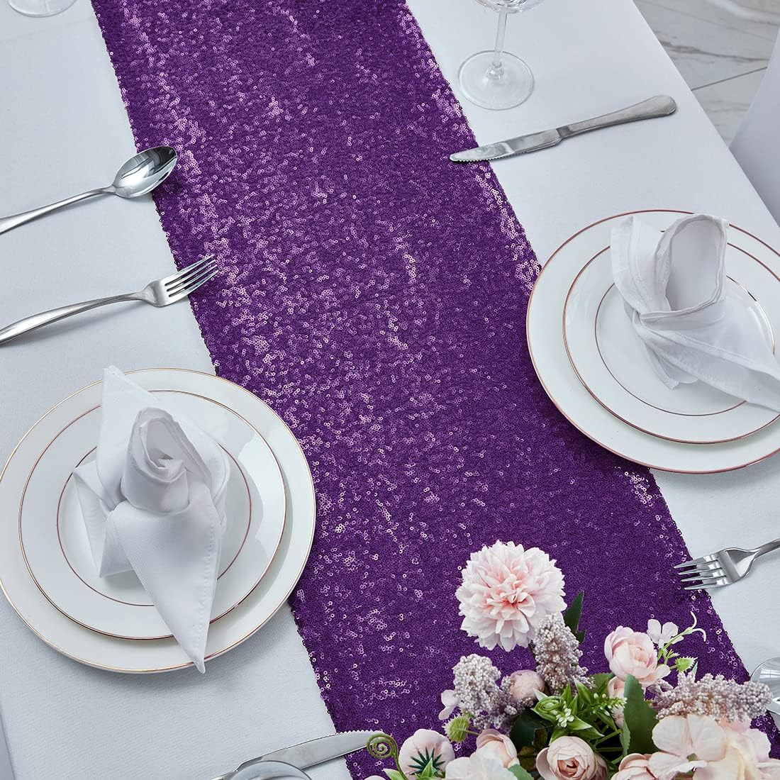2 Packs 12 x 108 inches Purple Sequin Table Runner, Glitter Purple Table Runner for Wedding Birthday Bachelorette Holiday Party Supplies Decorations Bridal Shower Baby Shower