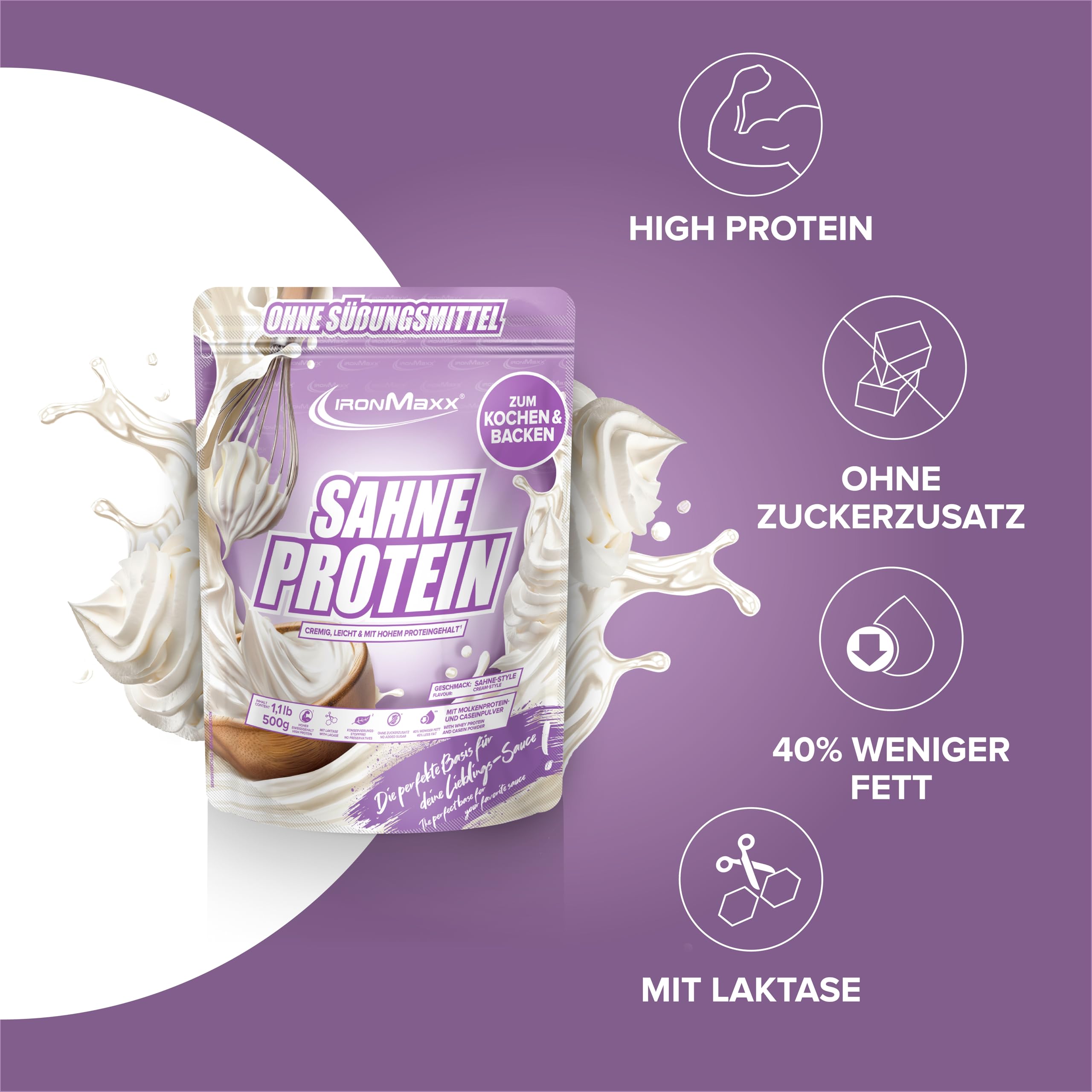 IronMaxx Sahne Protein – 500g Beutel | Proteinreiche Koch- & Backzutat mit Molkenprotein | Ohne Zuckerzusatz & fettärmer als Sahne | Ideal zum Verfeinern von warmen Gerichten