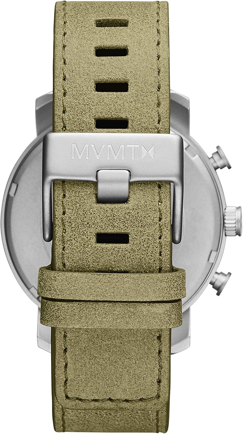 Back view of MVMT watch with green leather strap and buckle