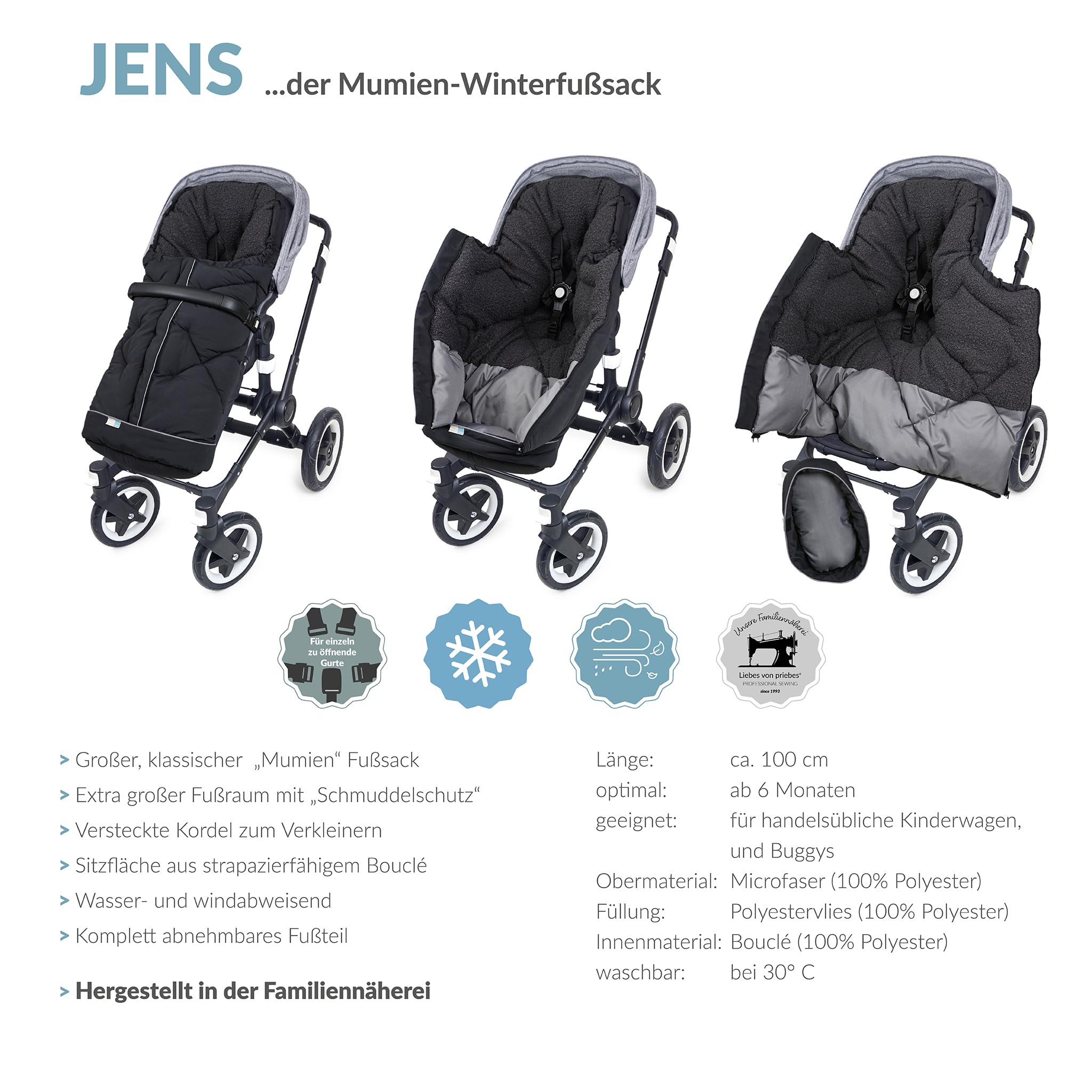 JENS Winter-Fußsack, 100cm | Universal für Kinderwagen & Buggy, Fußteil komplett abnehmbar, Mumienform, atmungsaktiv