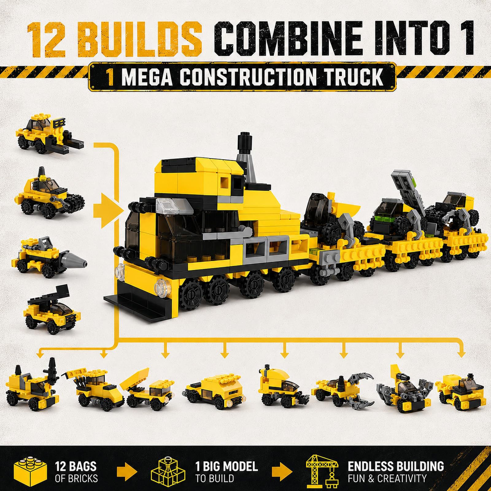 Cleboen Mini Mattoncini Veicoli 24 Pz, Gioco Di Costruzione 12 In 1, 6+ | Set Mini Blocchi Veicoli Da Cantiere Per Bambini, 24 Pezzi Con Modelli 12 In 1, Idea Regalo Festa 6+