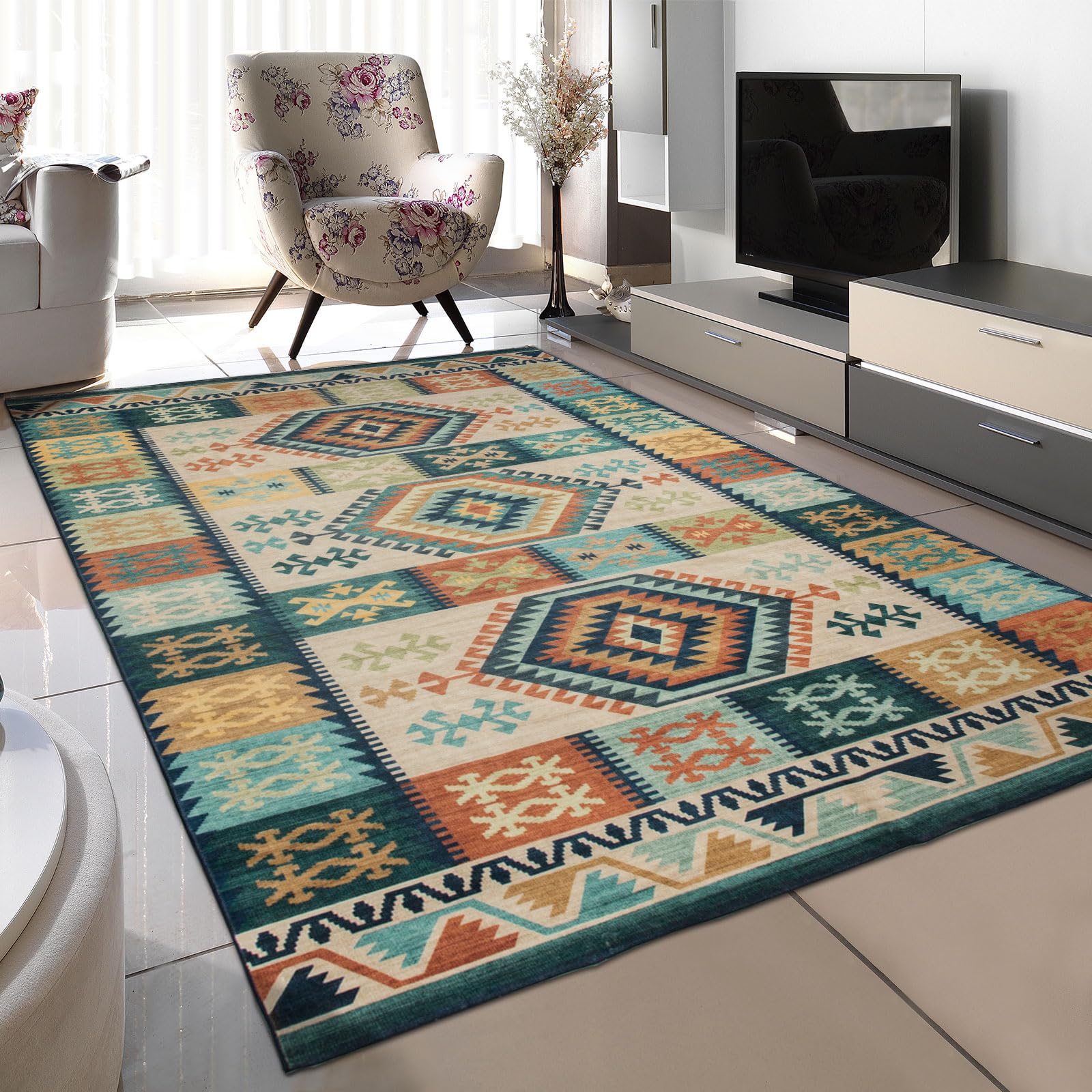 Paillasson Intérieur Vintage Lavable - Motif Floral Bohème, Antidérapant - Taille 50x80 Cm (Marron)