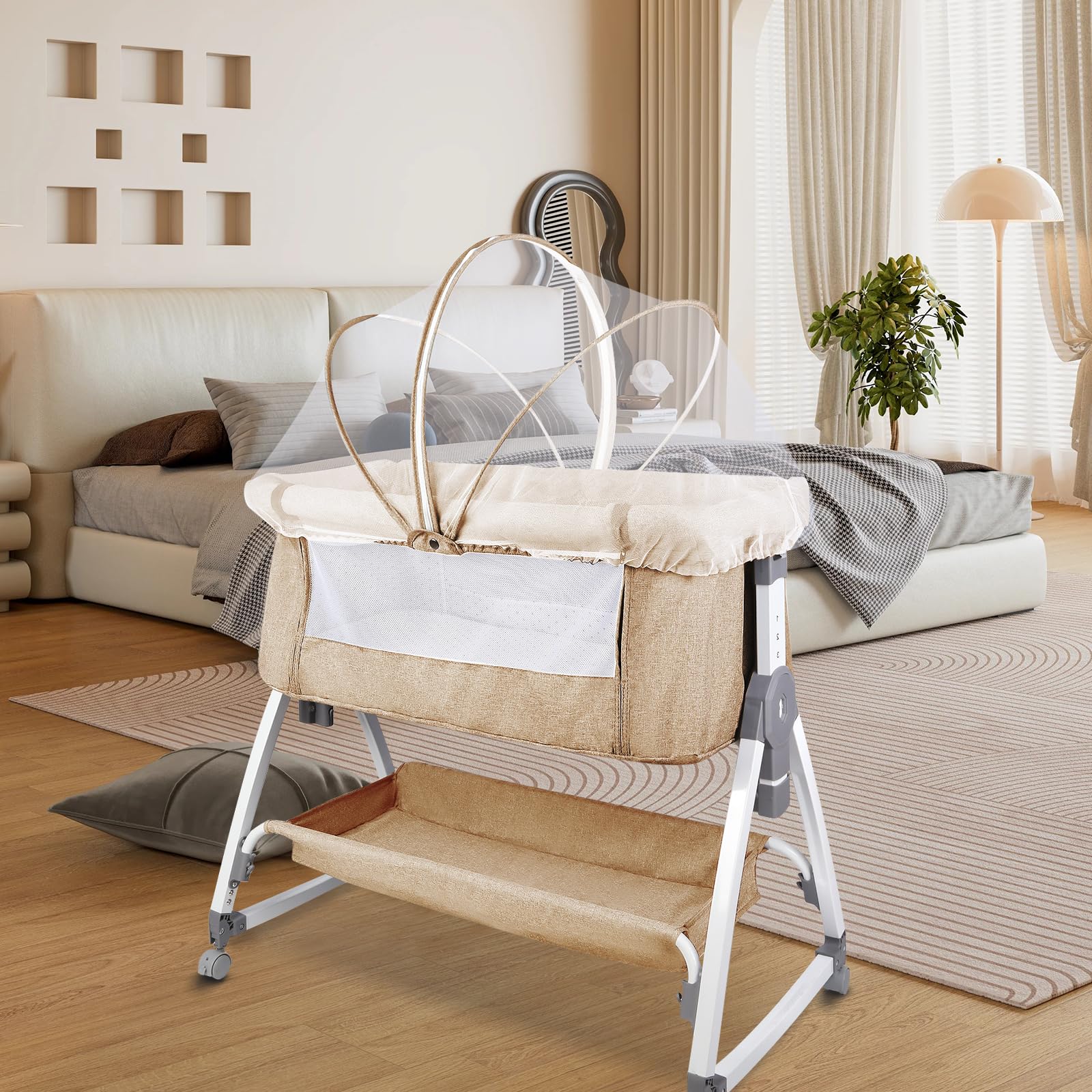 HUOLE Cuna 3 en 1 hasta 30 kg, Cuna de colecho, Cuna Mecedora, Ajuste de Altura e inclinación del colchón, 4 Ruedas con Freno, Colchón Ergonómico, Bolsa-80 * 40 * 100-115cm-blanquecino