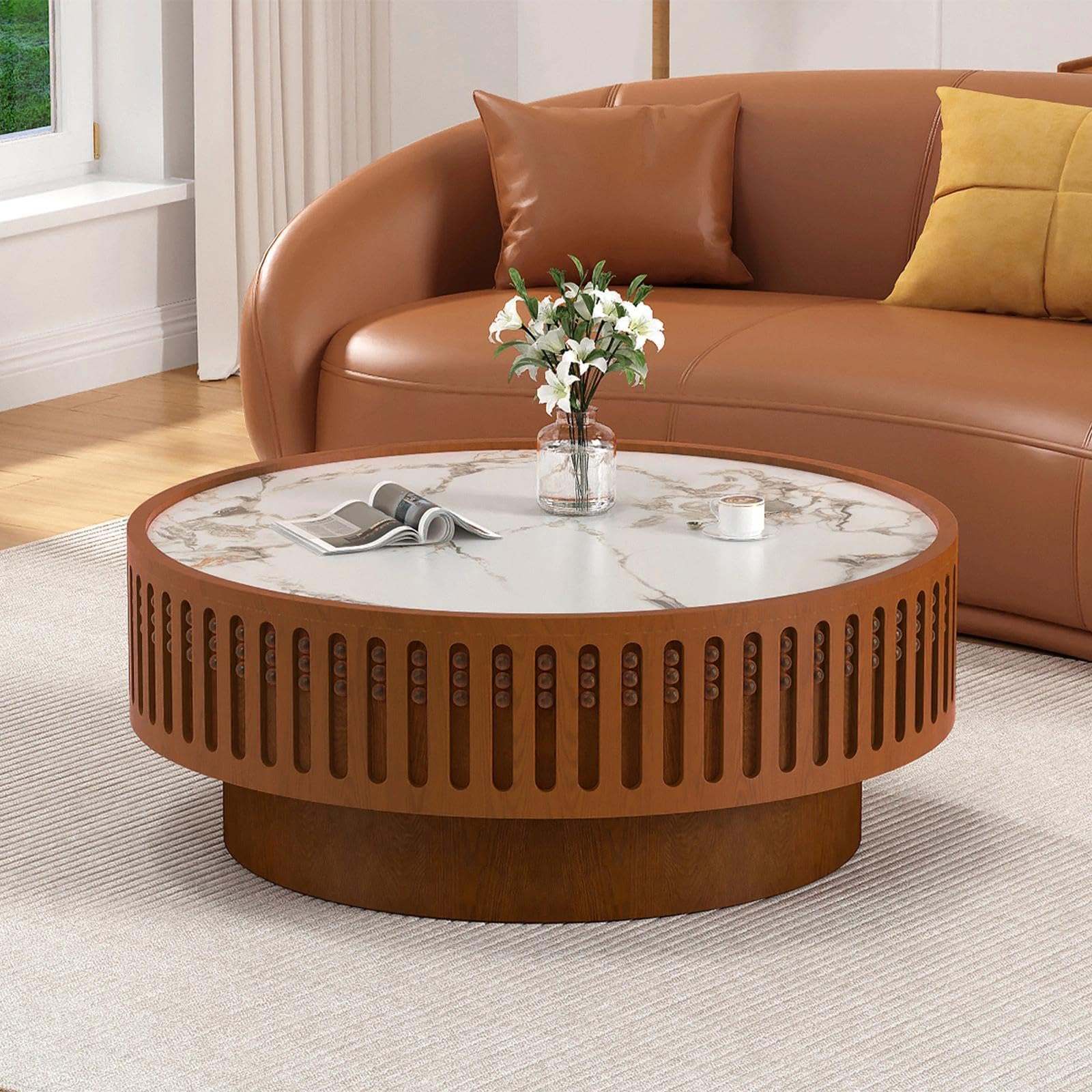 Table basse ronde en pierre frittée gain de place pour petits espaces et salons