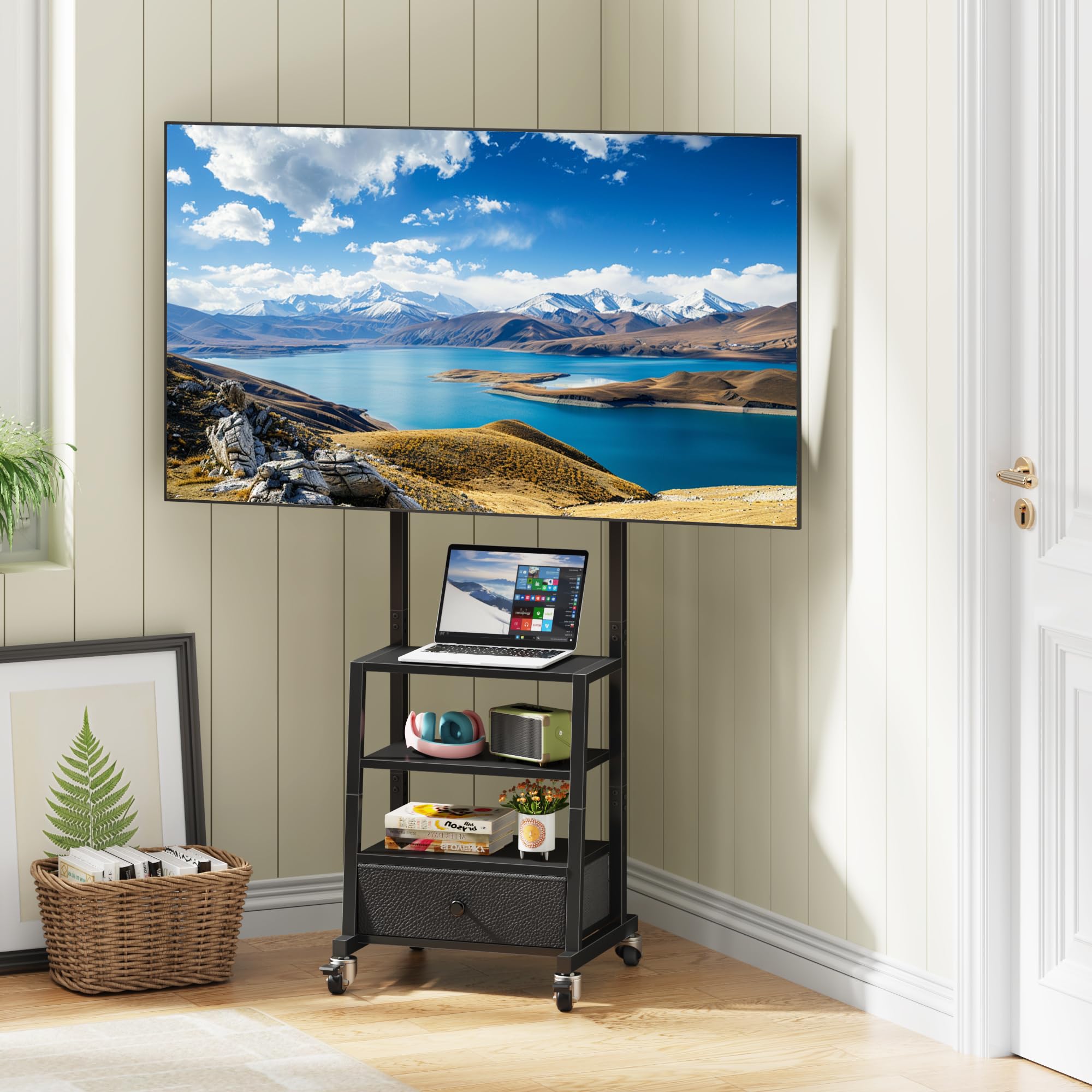 Support TV sur Pieds Support TV roulettes 32-60" VESA 400x400, Noir | Tiroir Tissu, Rangement Étagère, Hauteur Réglable, Charge 40kg, Facile à Assembler, Salon/Chambre/Bureau