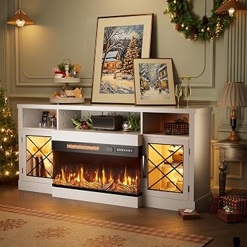 BREEZEHEAT 65" Fireplace TV Stand, 3 Sided Glass Fireplace Entertainment Center for TVs up to 75" with Storage Cabinet, Glass Door, Adjustable Flame LED Color for Living Room, Console TV Stand, White