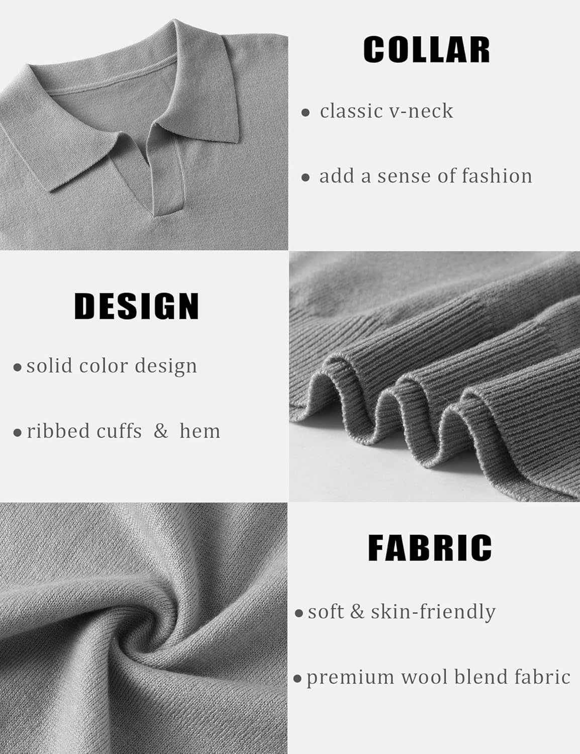 Mens Knit Polo Shirts Casual V Neck Slim Fit Polo Shirts Long Sleeve Wool Knit Pullover Sweater - Image 6