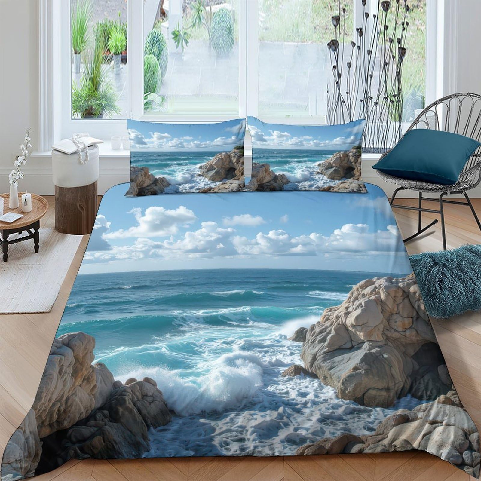 Ctjqhvkz Style-10 3D Printed Ocean Waves Fitted Sheet Microfiber Soft Breathable Rocky Coast Mattress Cover Bedroom Decor Single（135X200cm）