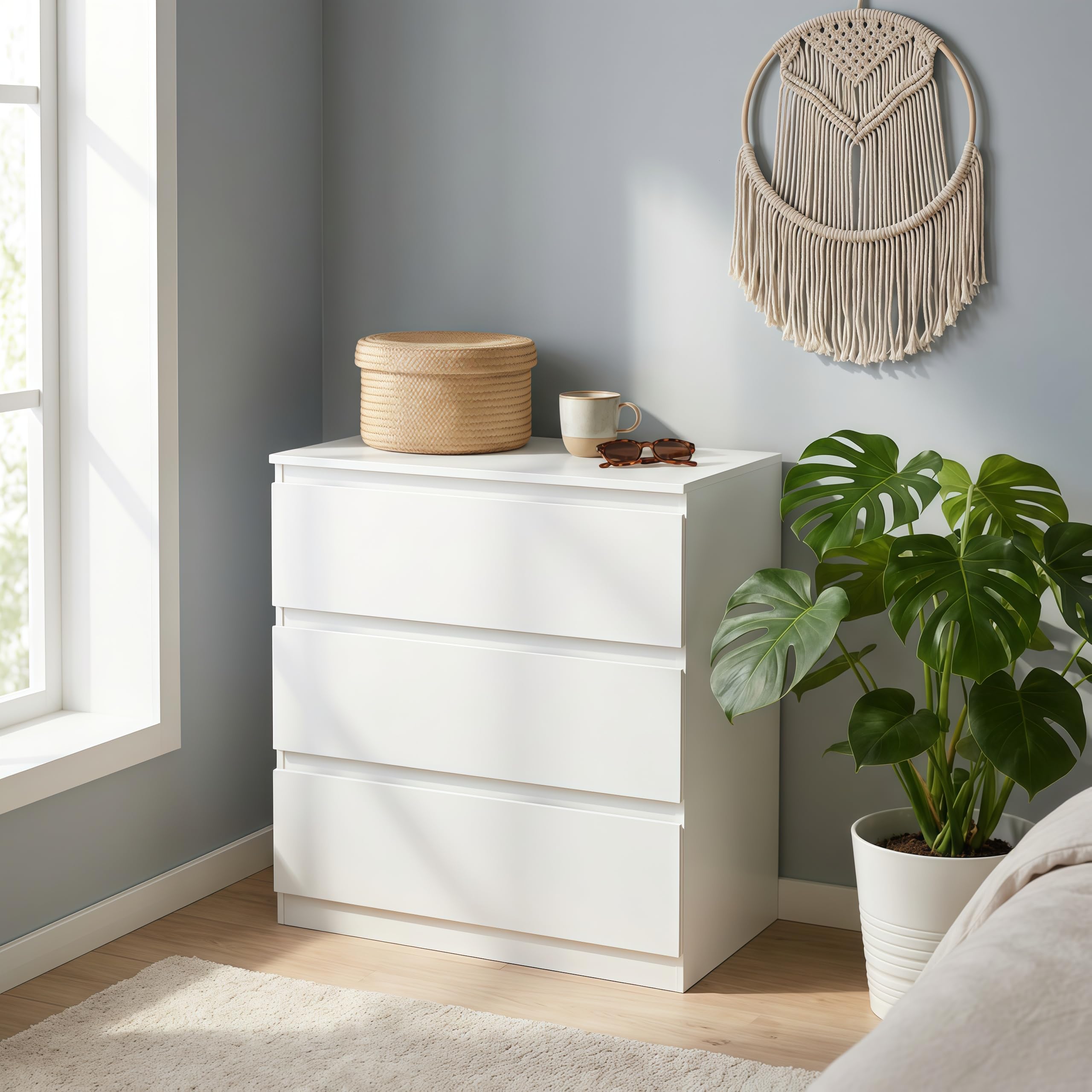 Kommode weiß mit 3 Schubladen, 70 cm Breite Schubladenschrank & Sideboard, Stauraum Kommodenschrank für Schlafzimmer, Wohnzimmer, Büro und Eingang, 70x40x75 cm (LxBxH)
