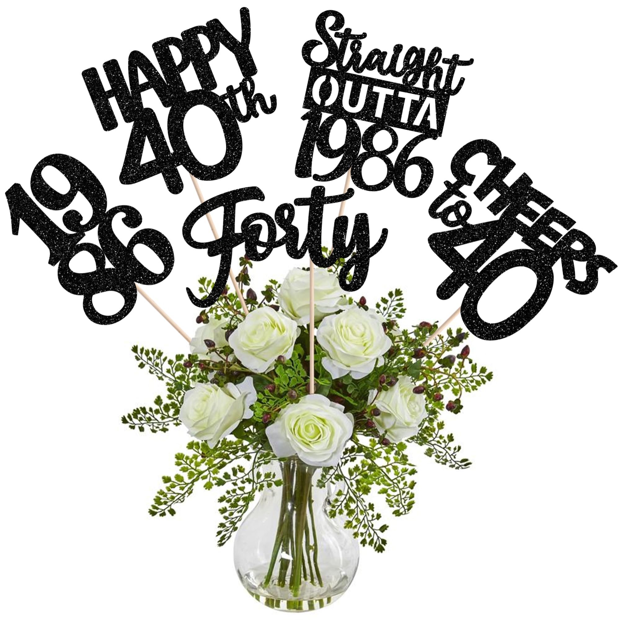 15 PCS 40th Birthday Centerpiece Sticks Forty Happy 40th Straight Outta 1986 Table Flower Centerpieces Sticks Cheers to 40 Floral Decorations for 40th Birthday Party Centerpieces Supplies Black