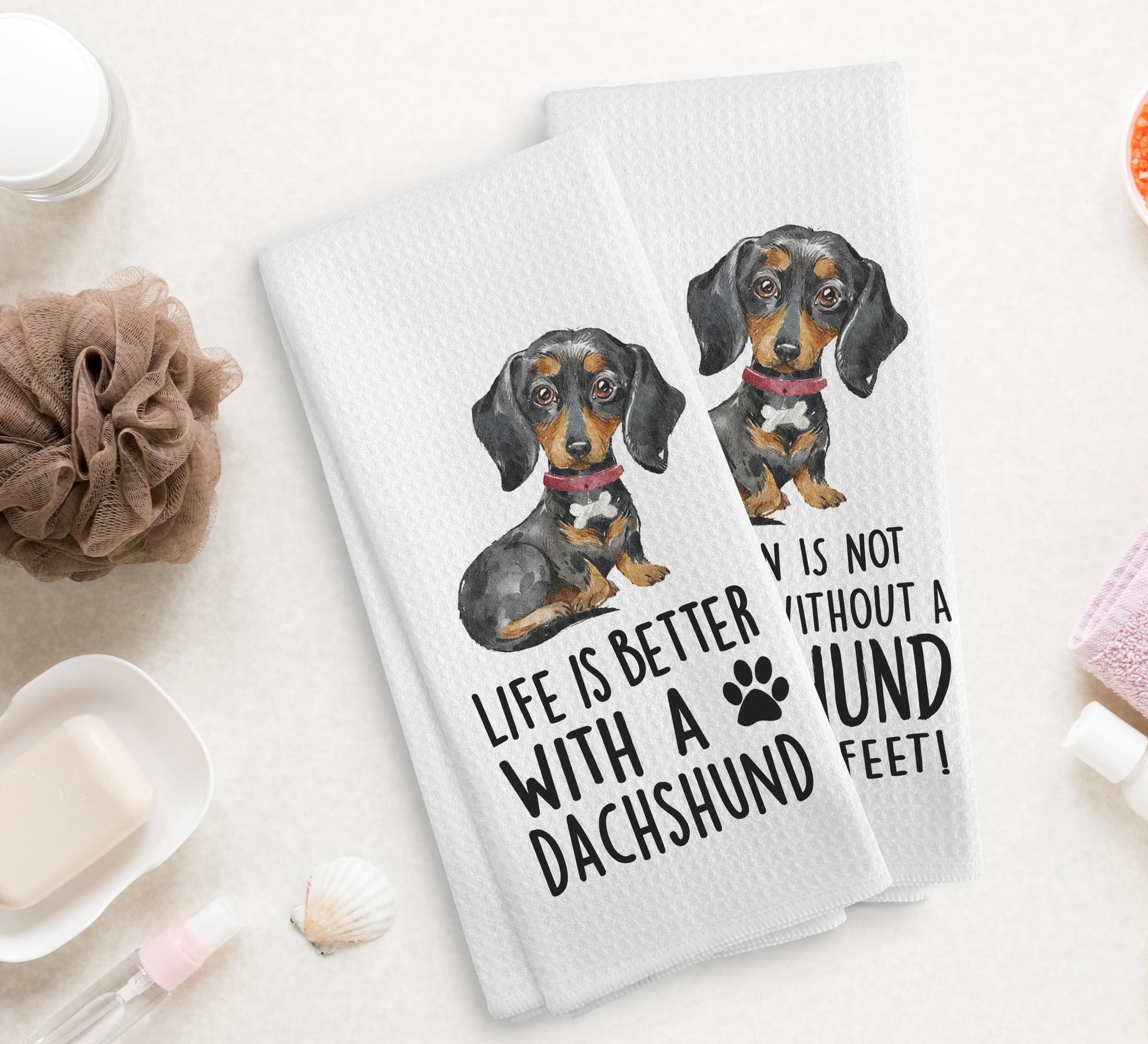 Qpenm Dachshund Kitchen Towels Set Of 4 - 100% Cotton Waffle Weave Dog Themed Dish Towels, 16x24 Inches