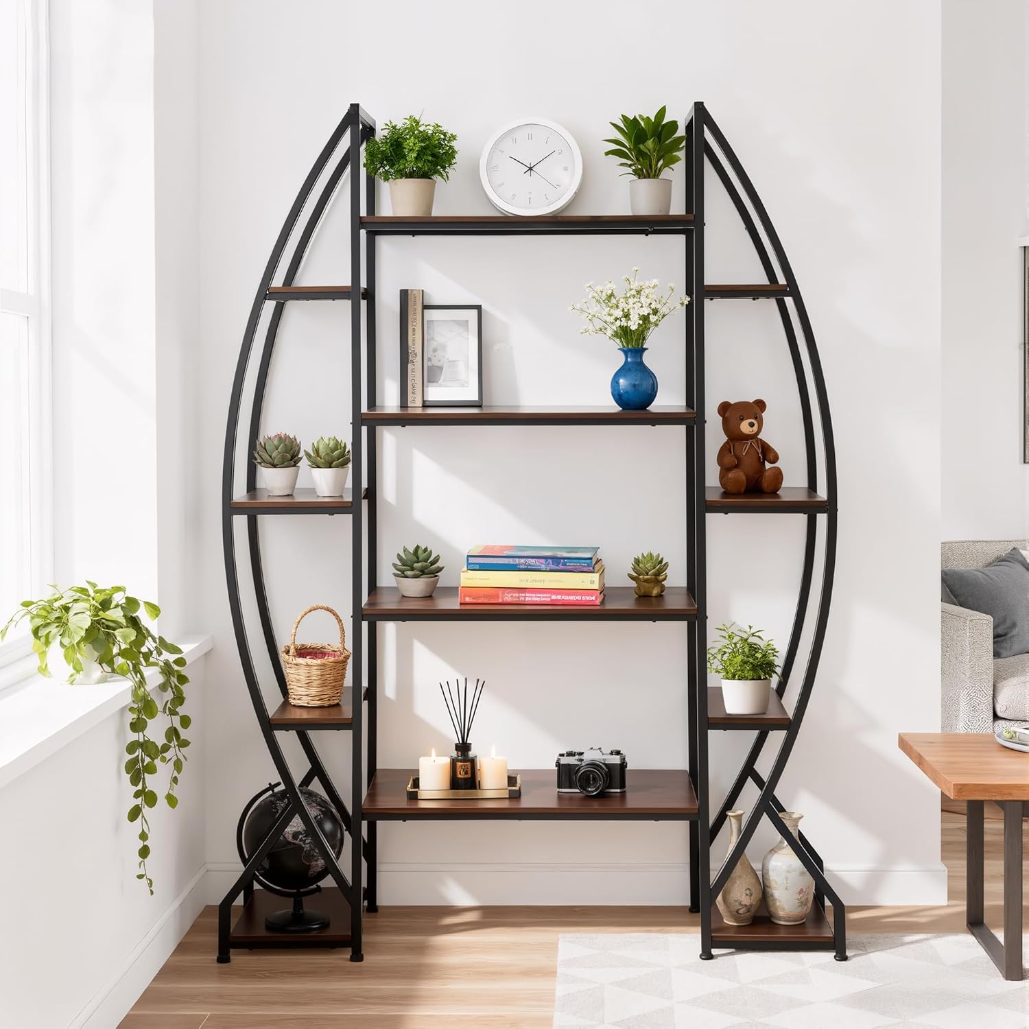 Bookshelf, Triple Wide 5 Tier Etagere Bookcase, 75 Inch Industrial Display Shelves, Rustic Open Shelving Organizer Rack Display Shelf for Home Office, Living Room