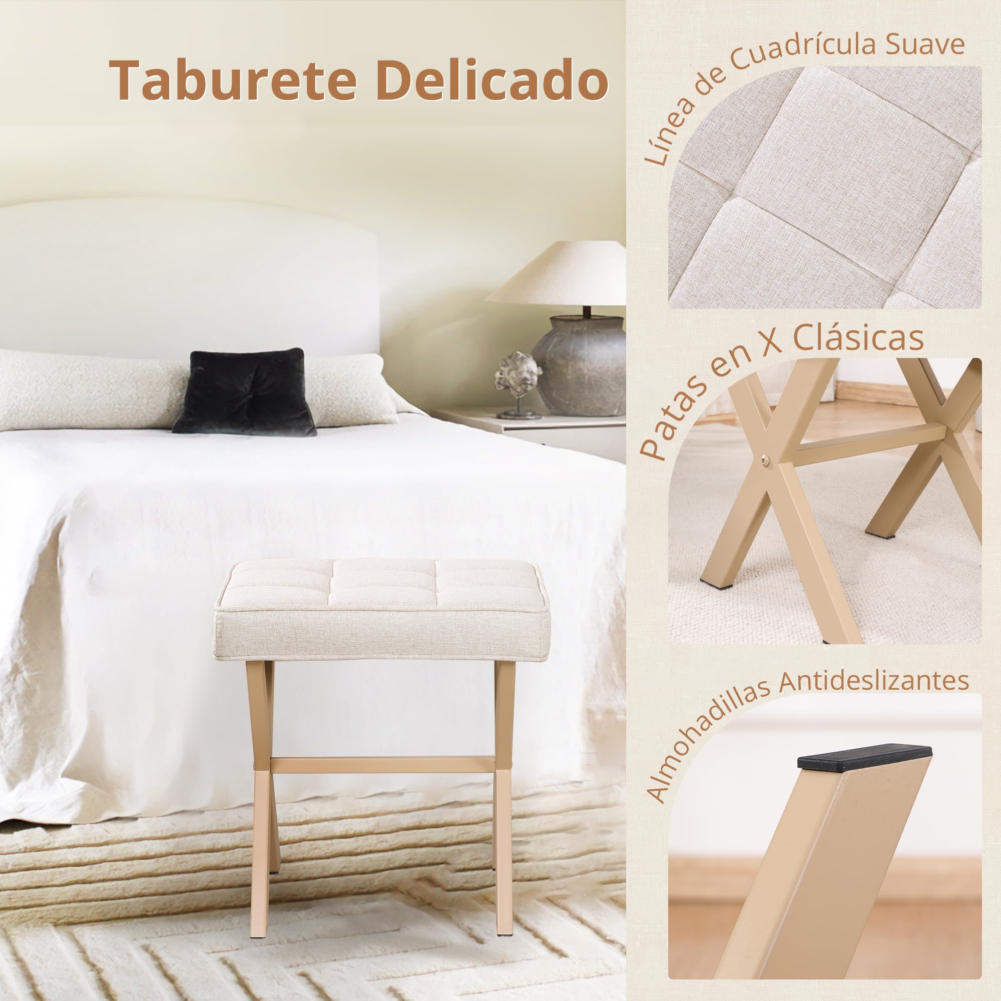 LUE BONATaburete acolchado de maquillaje con patas en X, otomano, reposapiés, de lino para salón, dormitorio, 43 x 33 x 46 cm, arena de lino
