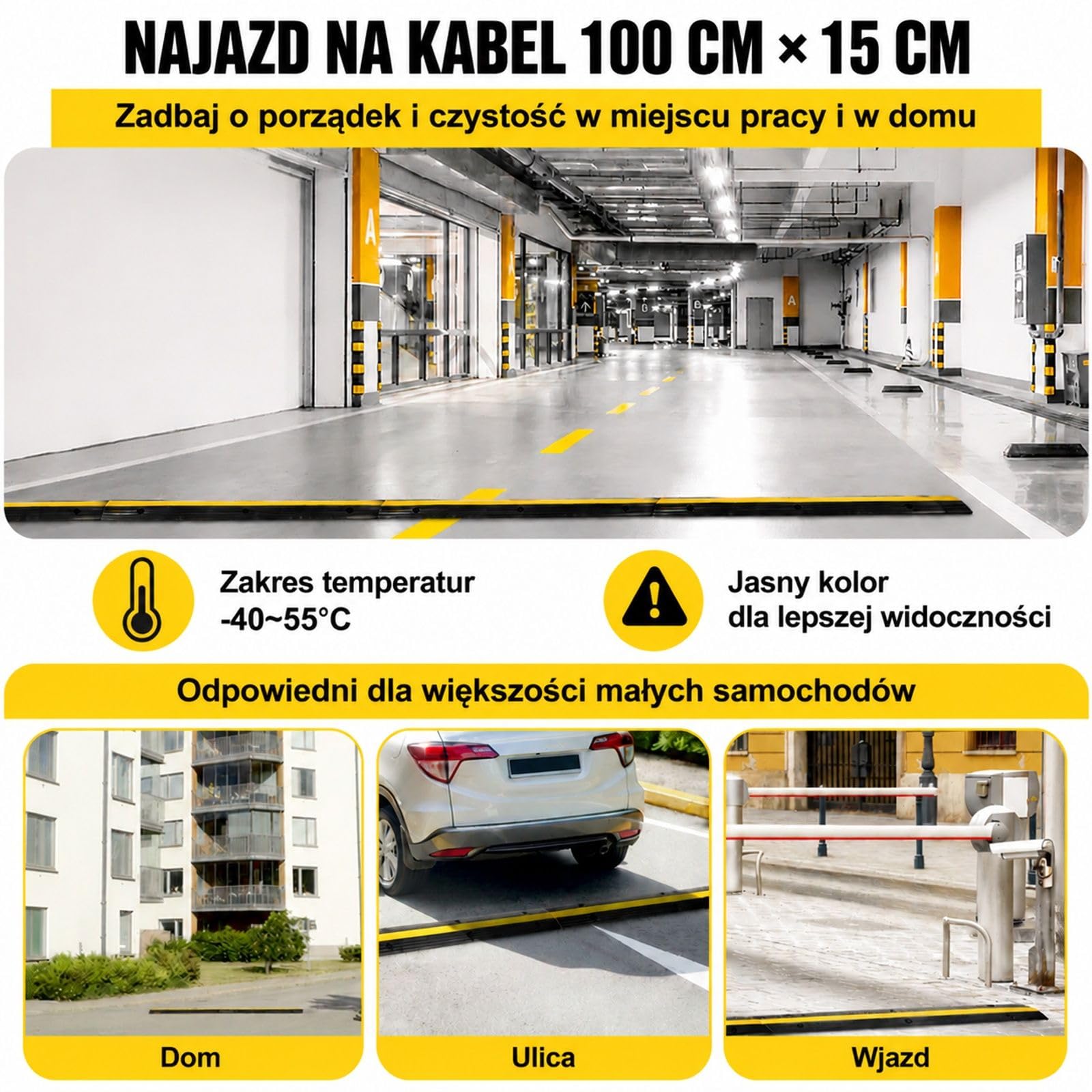 Zestaw 4 mostków kablowych, 1 kanał, czarno-żółta guma i PVC, z otworami montażowymi do garażu i magazynu