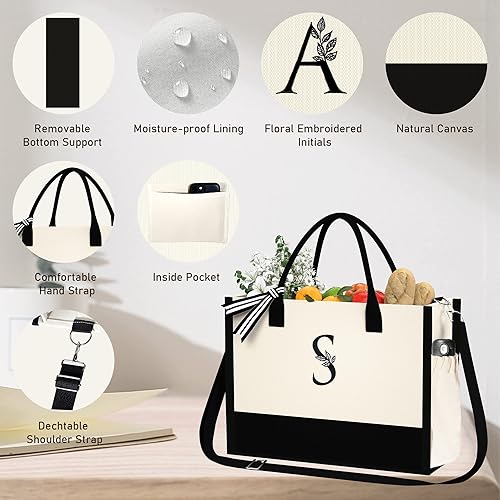 Miniatura 3 de Bolsa de mano con inicial con cremallera y bolsillos, regalos de cumpleaños para mujeres, bolsa de playa de lona con soporte inferior, bolsa de