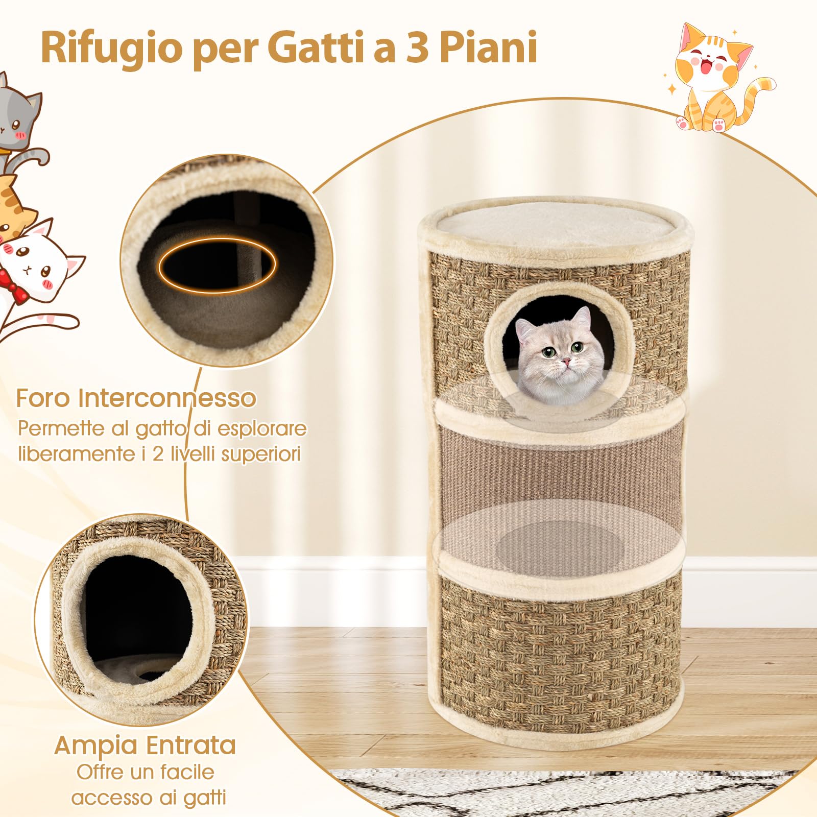 COSTWAY Cuccia per Gattini a 3 Piani a Barile (Marrone, 36 x 36 x 70 cm) | Torre per Gatti con Tappetino Tiragraffi in Sisal, Letto Morbido per Nanna e Base Rinforzata per Appartamenti