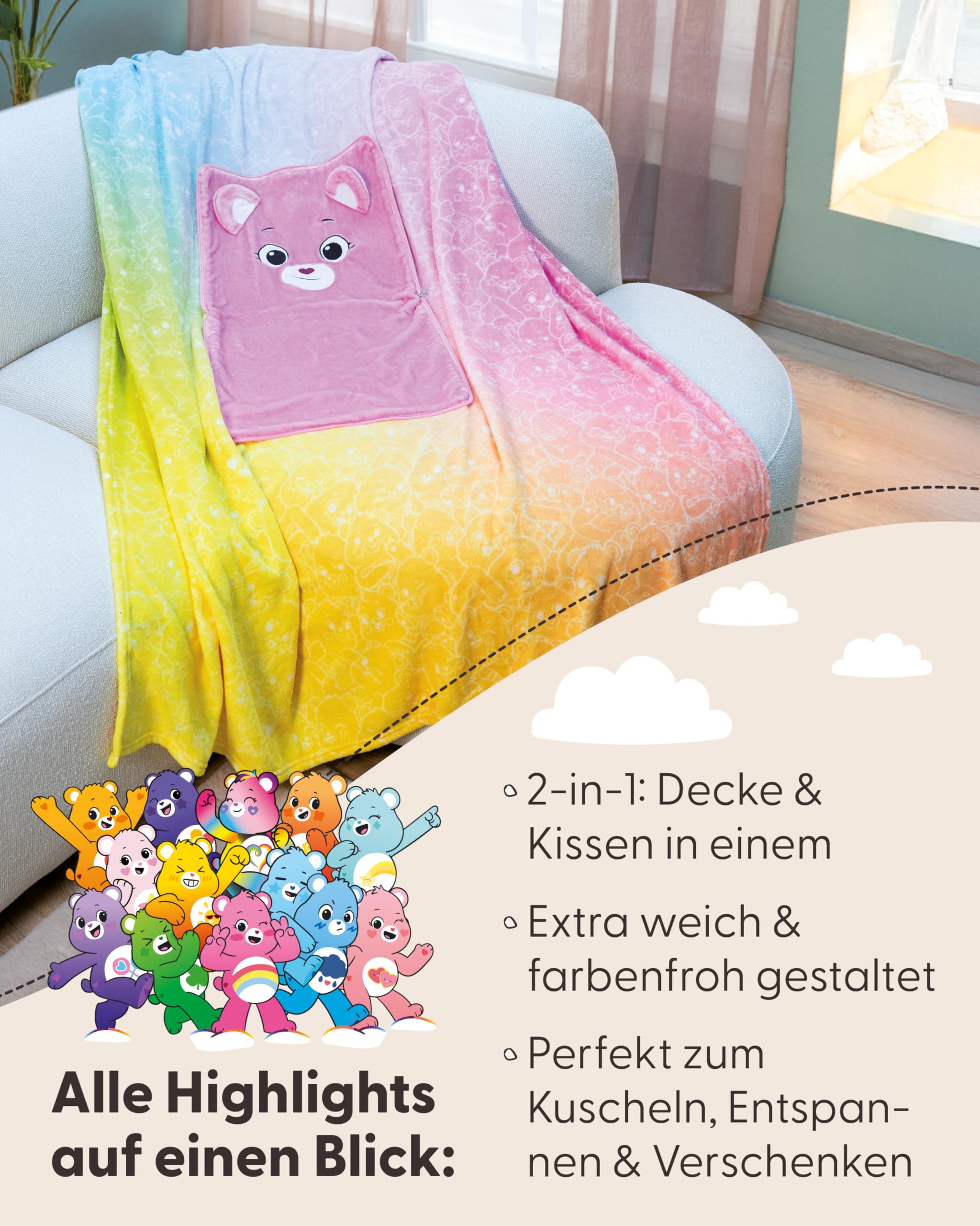 NICI Kuscheldecke & Kuschelkissen 2in1 Glücksbärchis Hurrabärchi 165x140cm pink Coral-Fleece Reisekissen