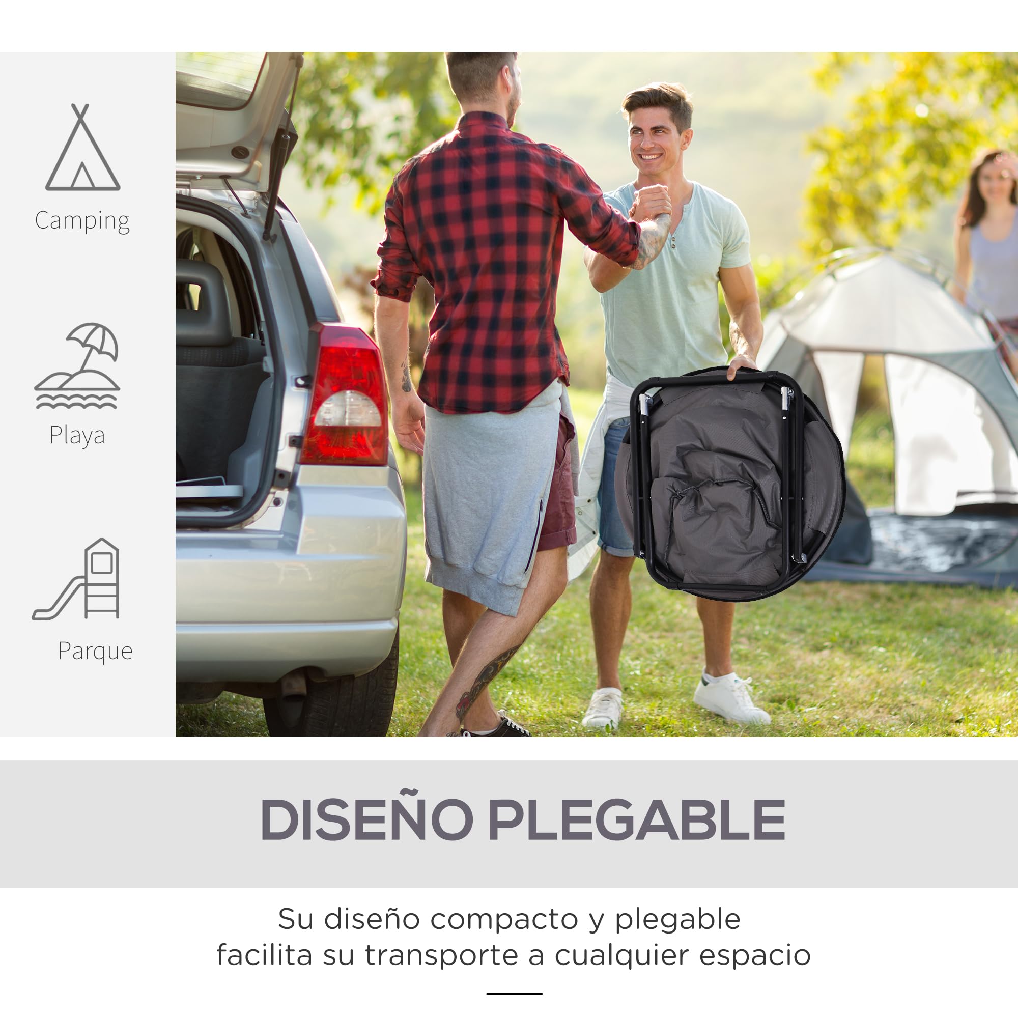 Outsunny Silla de Luna Plegable Silla de Camping Silla de Platillo con Patas de Metal y Asiento de Tela Oxford Carga 120 kg para Playa Terraza Patio 80x80x75 cm Gris