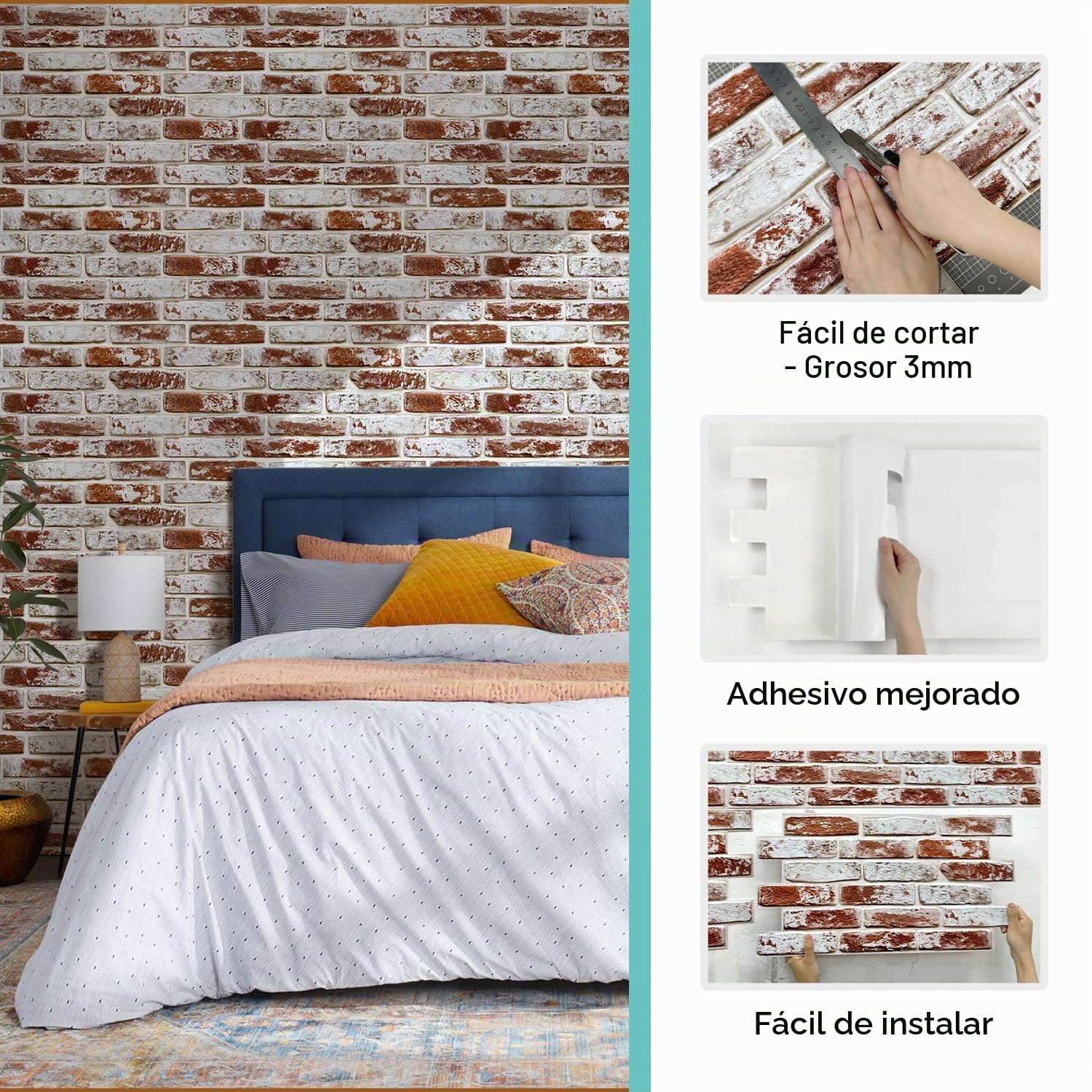 Commomy 12 Piezas Paneles de Pared de Ladrillo 3D, 58 x 30 cm, PVC Paneles Decorativos para Pared Autoadhesivo, Revestimiento de Paredes para Sala, Dormitorio, Cocina (Red Whitewash)