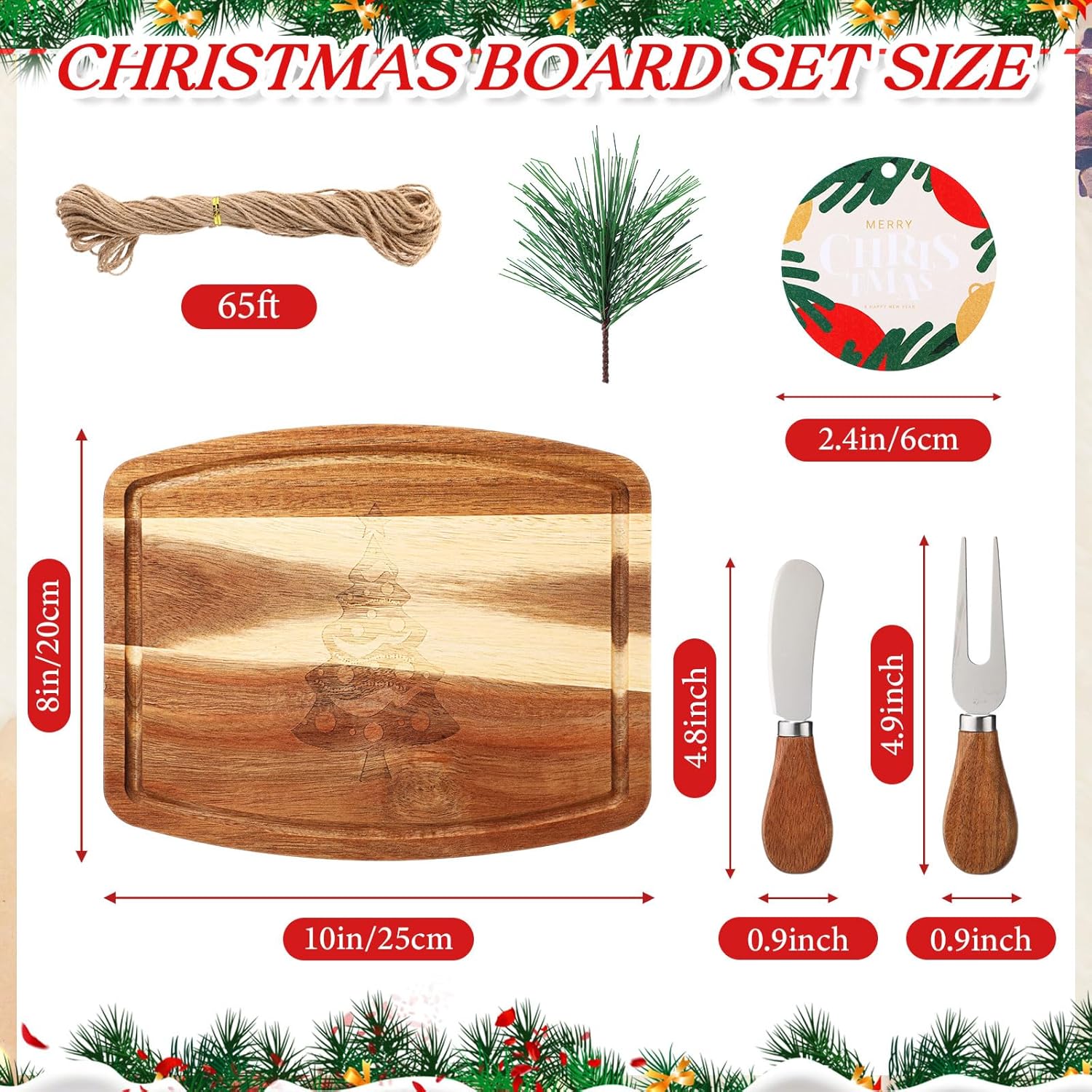 Sawysine 8 Sets Christmas Cheese Board Gift, Engraved Acacia Wood Cutting Board with Cheese Knife,Fork,tag,Charcuterie Boards for Holiday Party, Bridal Shower,Wedding, Housewarming Gifts (10" X 8")