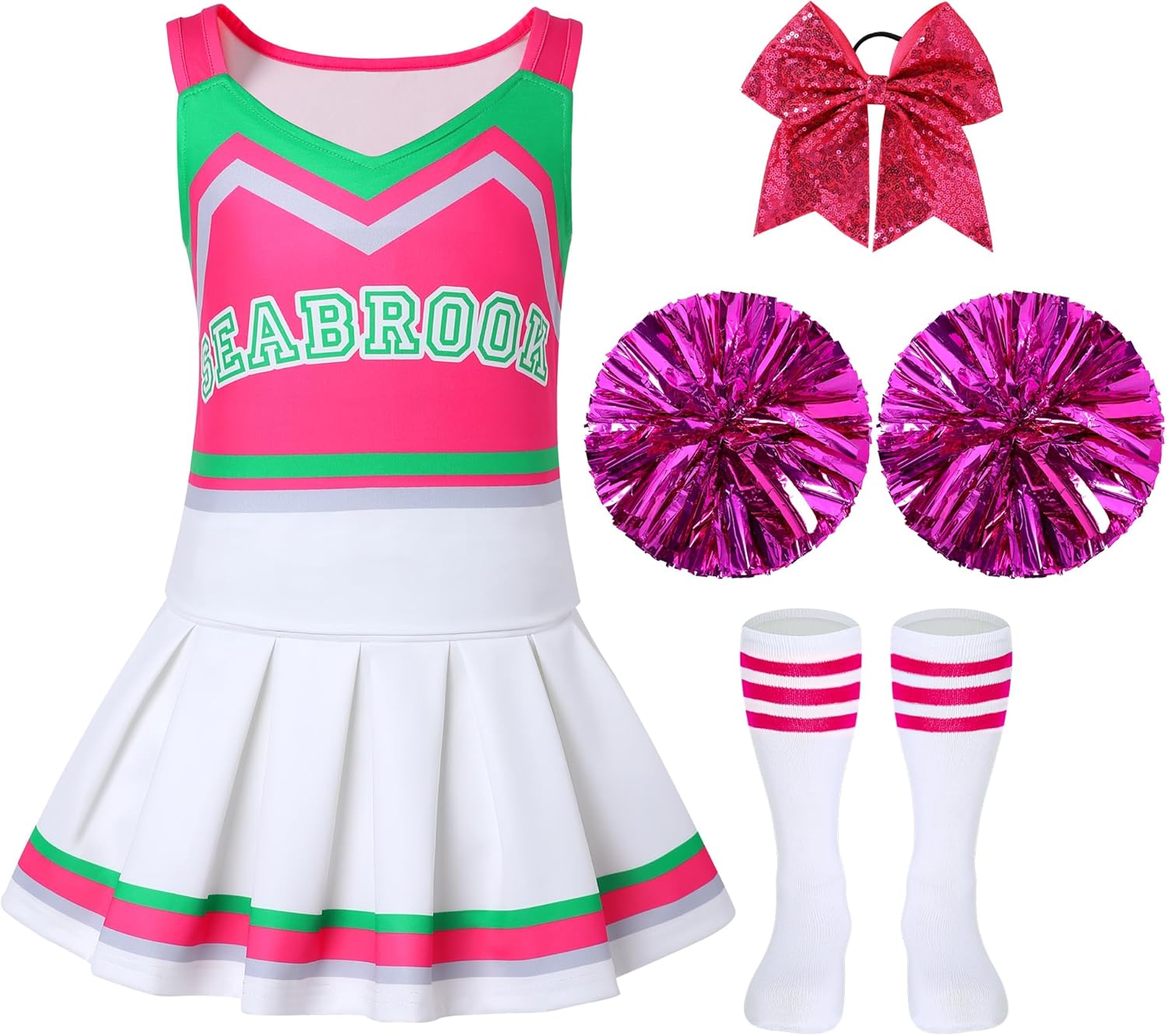 Cheerleader Costume for Girls Cheerleading Outfits Kids Movie Halloween Dress Up Cosplay with Pom Bowtie Stocking